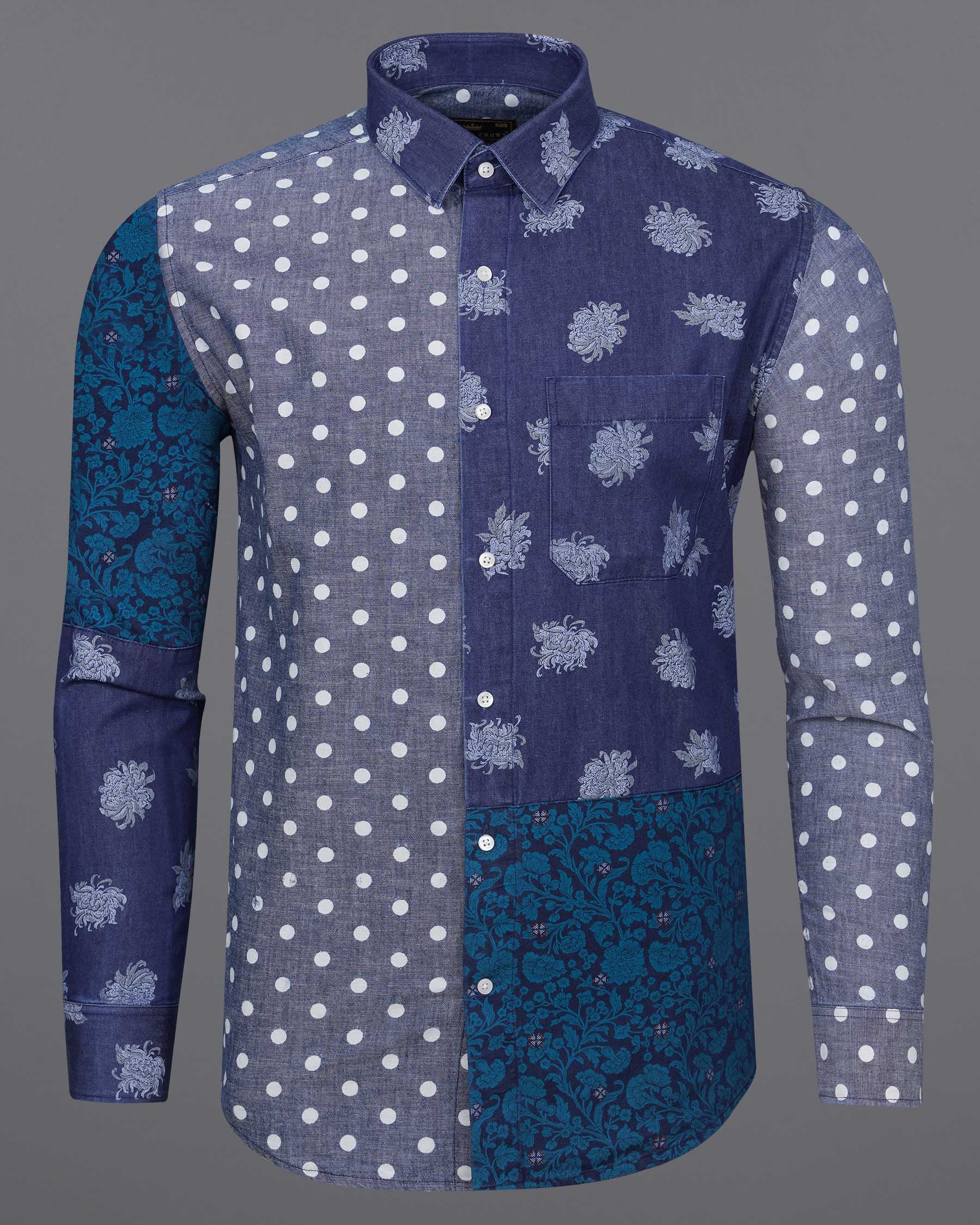 Gunpowder Blue Polka Dotted Chambray Textured Premium Cotton Designer denim Shirt 7777-P201-38, 7777-P201-39, 7777-P201-40, 7777-P201-42, 7777-P201-44, 7777-P201-46, 7777-P201-48, 7777-P201-50, 7777-P201-52