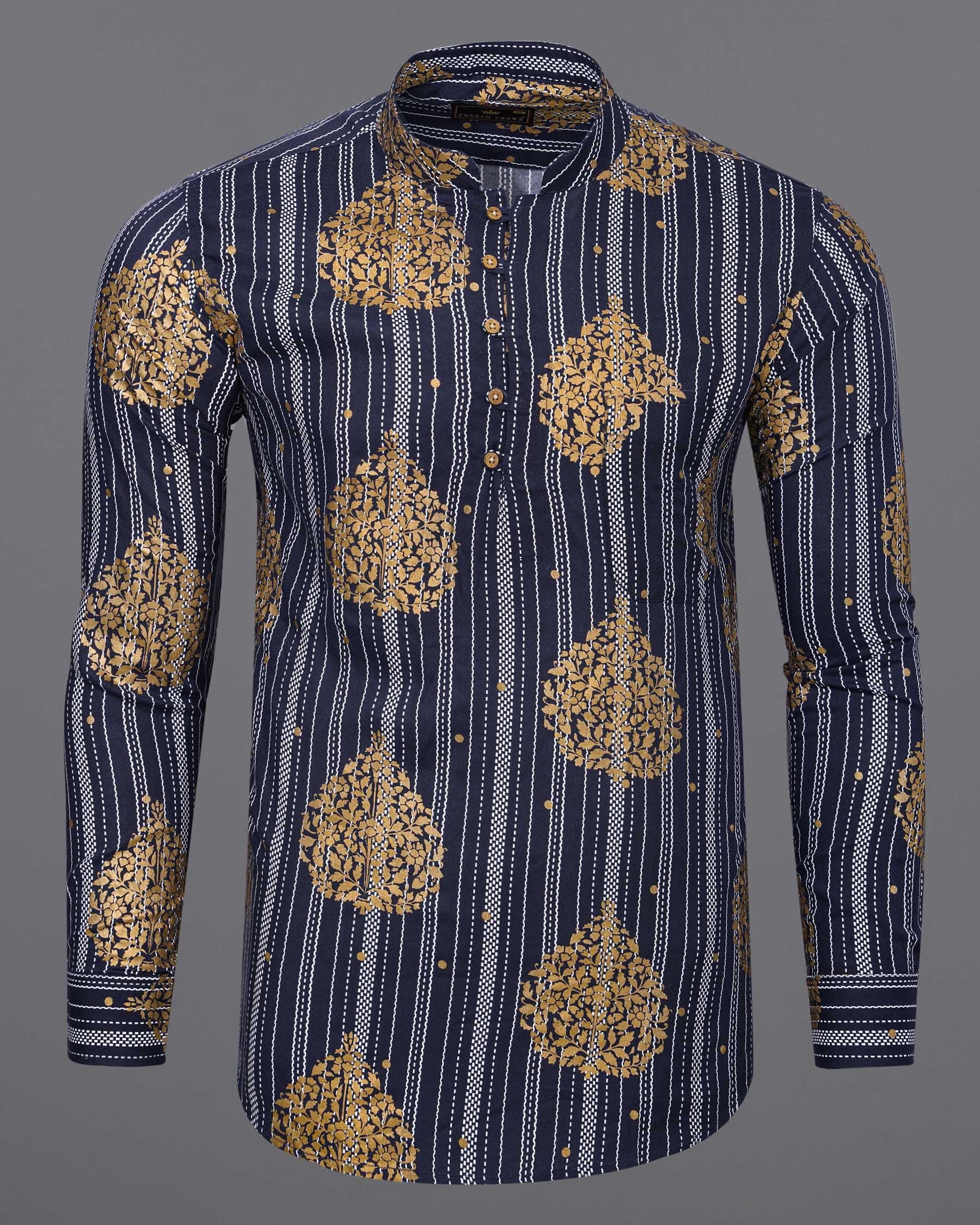Gunmetal Navy Blue And Tacao Golden Damask Foil Printed Premium Cotton Kurta Shirt 7786-KS-38, 7786-KS-H-38, 7786-KS-39,7786-KS-H-39, 7786-KS-40, 7786-KS-H-40, 7786-KS-42, 7786-KS-H-42, 7786-KS-44, 7786-KS-H-44, 7786-KS-46, 7786-KS-H-46, 7786-KS-48, 7786-KS-H-48, 7786-KS-50, 7786-KS-H-50, 7786-KS-52, 7786-KS-H-52