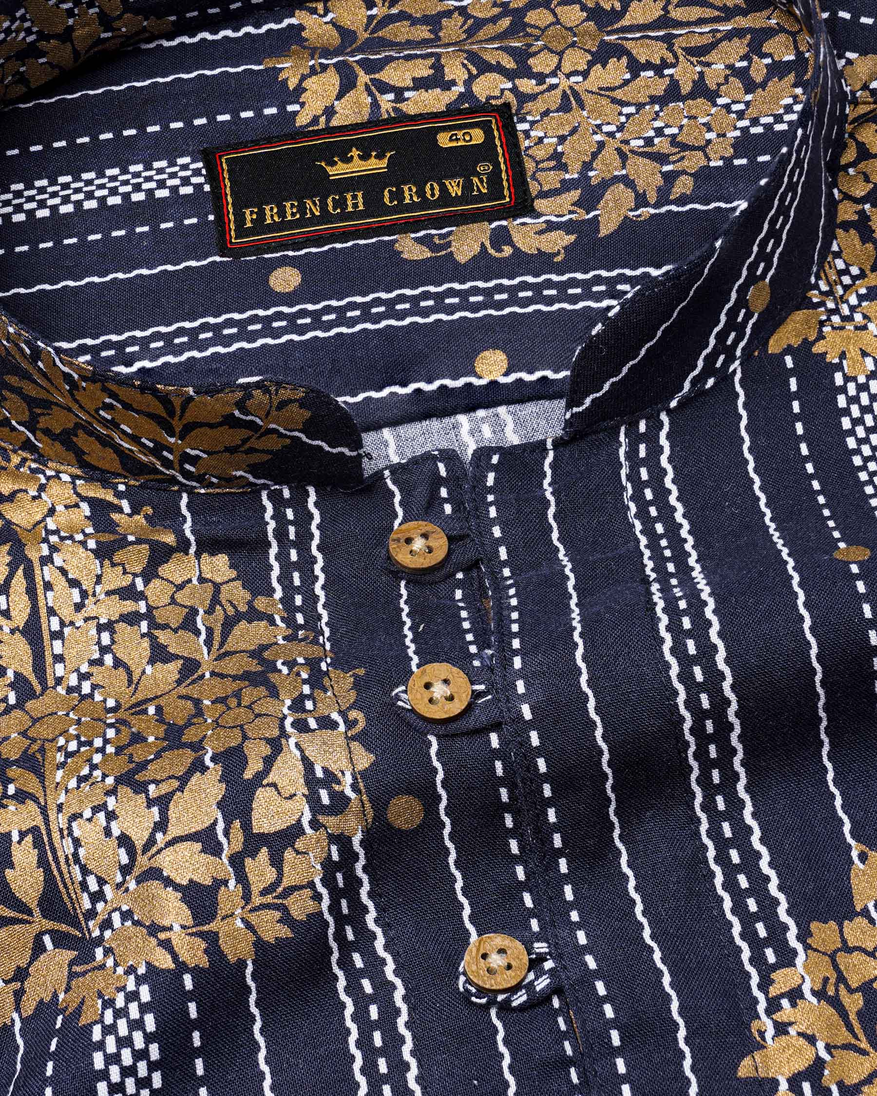 Gunmetal Navy Blue And Tacao Golden Damask Foil Printed Premium Cotton Kurta Shirt 7786-KS-38, 7786-KS-H-38, 7786-KS-39,7786-KS-H-39, 7786-KS-40, 7786-KS-H-40, 7786-KS-42, 7786-KS-H-42, 7786-KS-44, 7786-KS-H-44, 7786-KS-46, 7786-KS-H-46, 7786-KS-48, 7786-KS-H-48, 7786-KS-50, 7786-KS-H-50, 7786-KS-52, 7786-KS-H-52