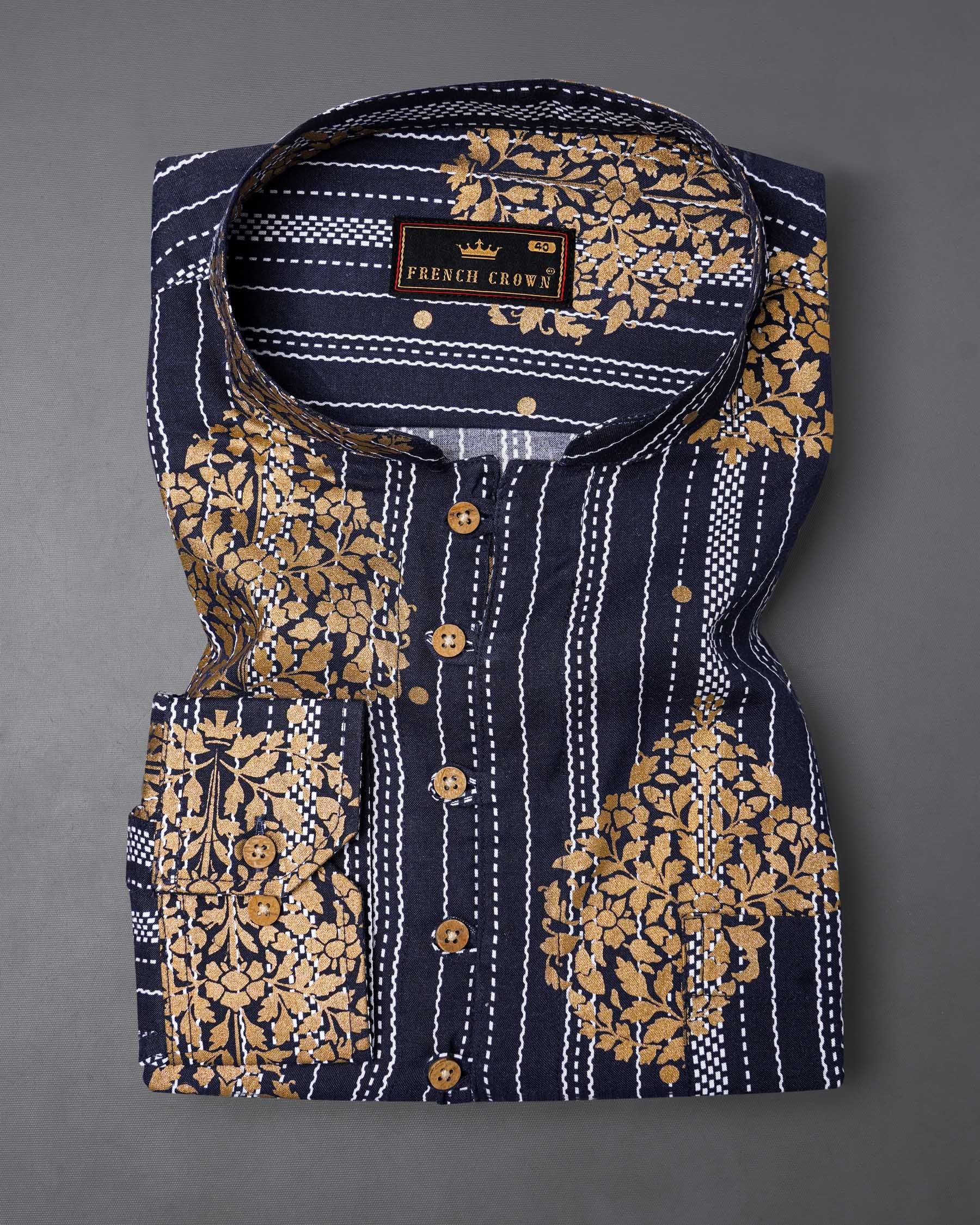 Gunmetal Navy Blue And Tacao Golden Damask Foil Printed Premium Cotton Kurta Shirt 7786-KS-38, 7786-KS-H-38, 7786-KS-39,7786-KS-H-39, 7786-KS-40, 7786-KS-H-40, 7786-KS-42, 7786-KS-H-42, 7786-KS-44, 7786-KS-H-44, 7786-KS-46, 7786-KS-H-46, 7786-KS-48, 7786-KS-H-48, 7786-KS-50, 7786-KS-H-50, 7786-KS-52, 7786-KS-H-52