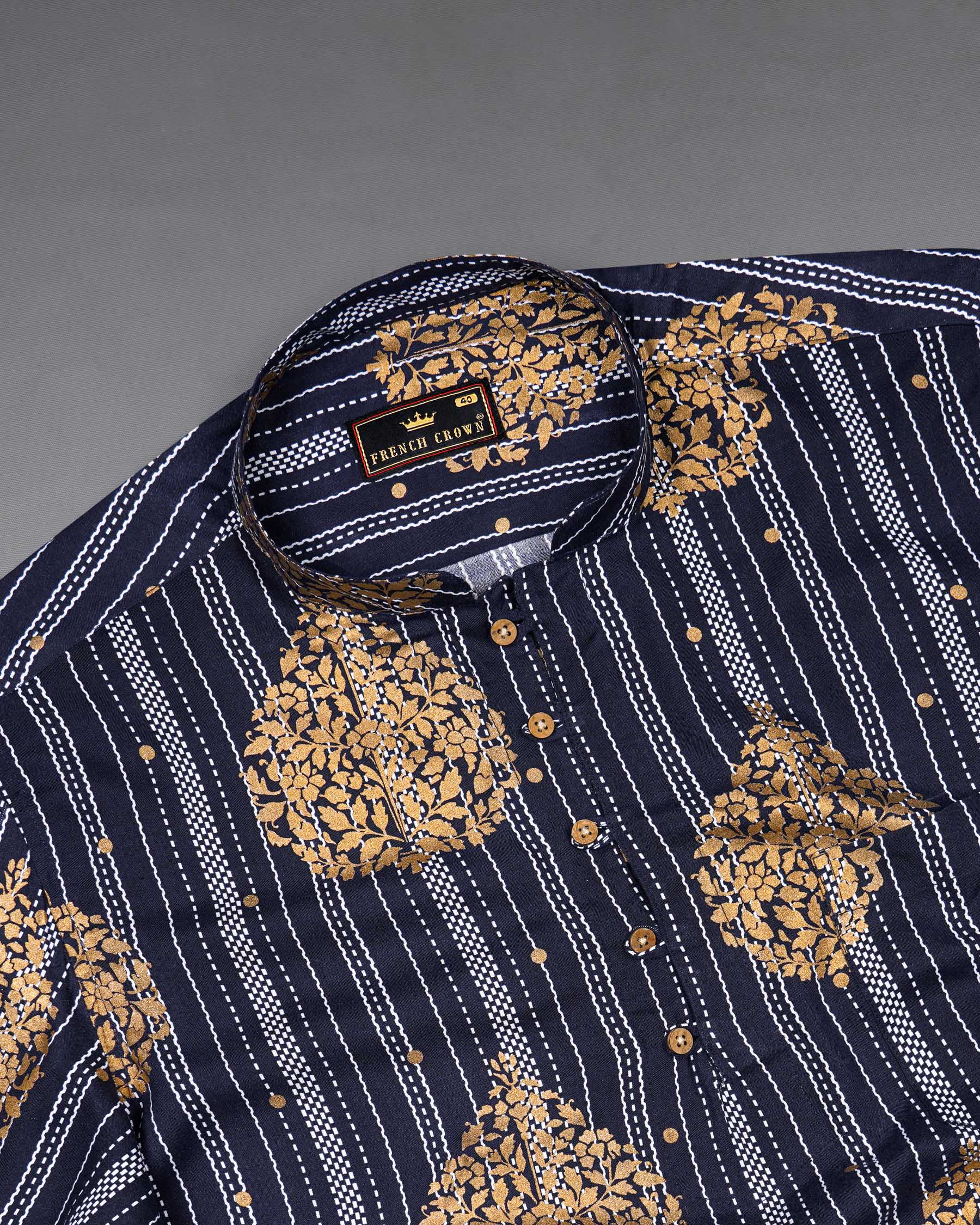 Gunmetal Navy Blue And Tacao Golden Damask Foil Printed Premium Cotton Kurta Shirt 7786-KS-38, 7786-KS-H-38, 7786-KS-39,7786-KS-H-39, 7786-KS-40, 7786-KS-H-40, 7786-KS-42, 7786-KS-H-42, 7786-KS-44, 7786-KS-H-44, 7786-KS-46, 7786-KS-H-46, 7786-KS-48, 7786-KS-H-48, 7786-KS-50, 7786-KS-H-50, 7786-KS-52, 7786-KS-H-52