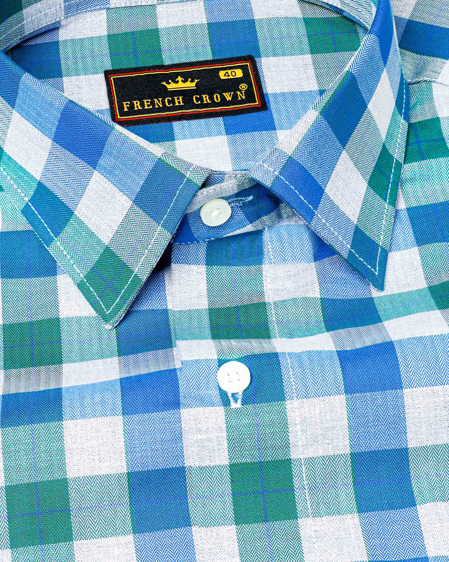 Mackerel Blue and Surfie Green Checkered Herringbone Premium Cotton Shirt 7904-38, 7904-H-38, 7904-39, 7904-H-39, 7904-40, 7904-H-40, 7904-42, 7904-H-42, 7904-44, 7904-H-44, 7904-46, 7904-H-46, 7904-48, 7904-H-48, 7904-50, 7904-H-50, 7904-52, 7904-H-52