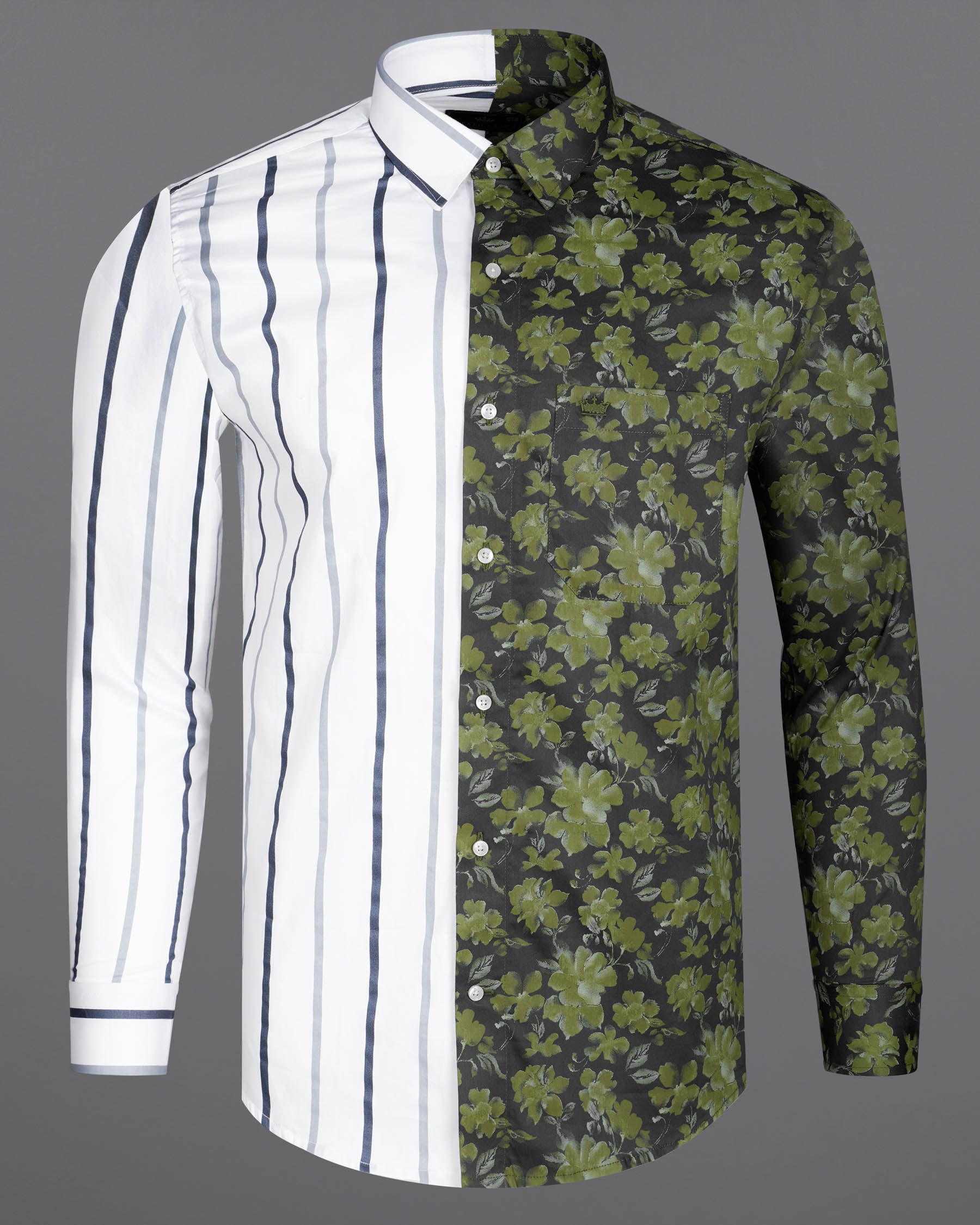 Half White-Striped With Half Clay Creek Green-Floral Printed Premium Cotton Designer Shirt 7949-P67-38, 7949-P67-H-38, 7949-P67-39, 7949-P67-H-39, 7949-P67-40, 7949-P67-H-40, 7949-P67-42, 7949-P67-H-42, 7949-P67-44, 7949-P67-H-44, 7949-P67-46, 7949-P67-H-46, 7949-P67-48, 7949-P67-H-48, 7949-P67-50, 7949-P67-H-50, 7949-P67-52, 7949-P67-H-52