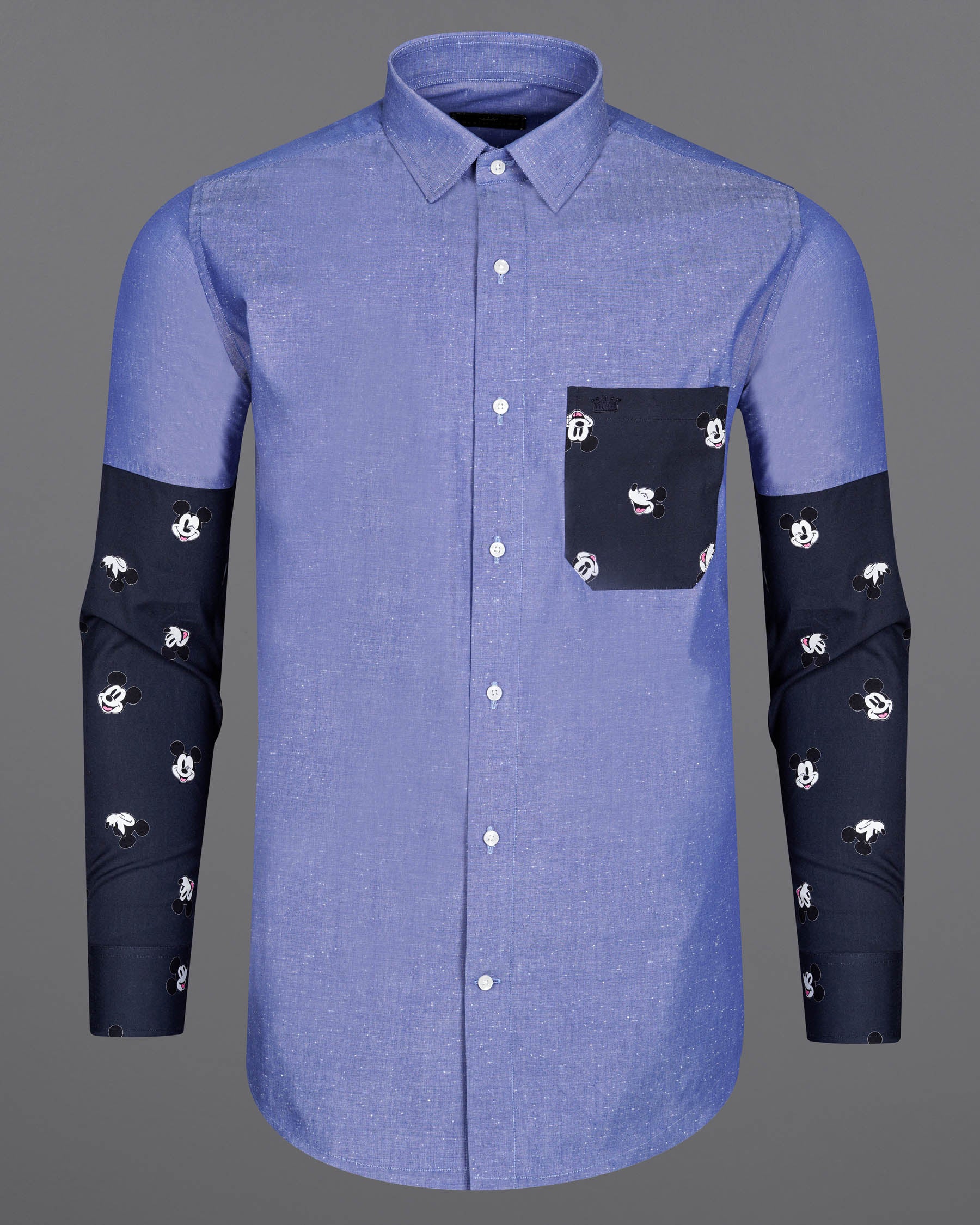 Dark Pastel Blue With Mickey Mouse Chambray Textured Premium Cotton Designer Shirt 7968-P189-38, 7968-P189-H-38, 7968-P189-39, 7968-P189-H-39, 7968-P189-40, 7968-P189-H-40, 7968-P189-42, 7968-P189-H-42, 7968-P189-44, 7968-P189-H-44, 7968-P189-46, 7968-P189-H-46, 7968-P189-48, 7968-P189-H-48, 7968-P189-50, 7968-P189-H-50, 7968-P189-52, 7968-P189-H-52