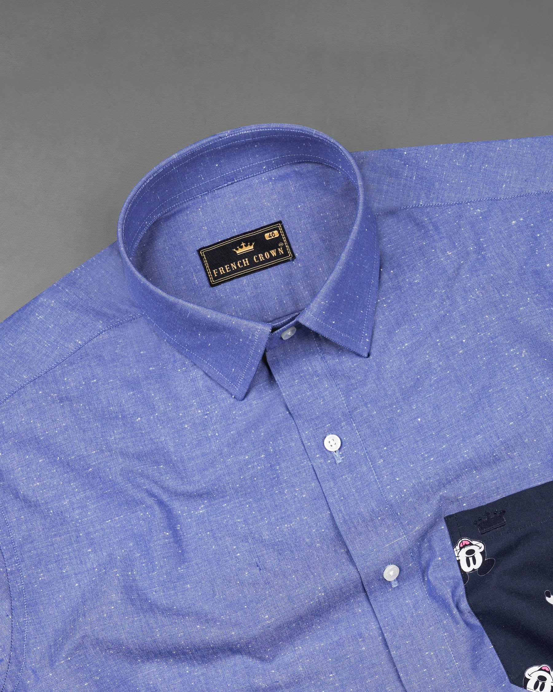 Dark Pastel Blue With Mickey Mouse Chambray Textured Premium Cotton Designer Shirt 7968-P189-38, 7968-P189-H-38, 7968-P189-39, 7968-P189-H-39, 7968-P189-40, 7968-P189-H-40, 7968-P189-42, 7968-P189-H-42, 7968-P189-44, 7968-P189-H-44, 7968-P189-46, 7968-P189-H-46, 7968-P189-48, 7968-P189-H-48, 7968-P189-50, 7968-P189-H-50, 7968-P189-52, 7968-P189-H-52