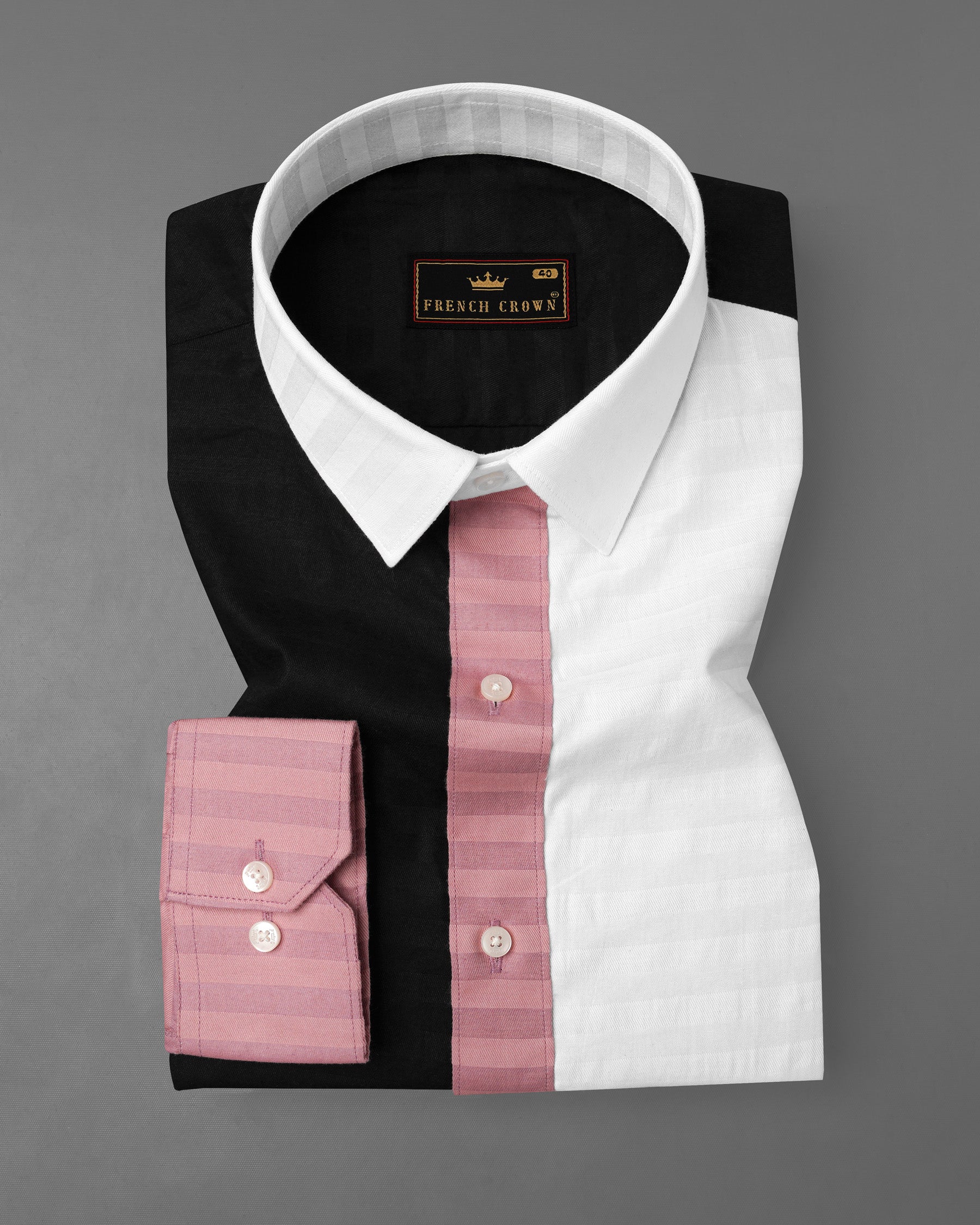 Oriental Pink Striped with Jade Black and White Super Soft Premium Cotton Designer Block Shirt 8045-P102-38, 8045-P102-39, 8045-P102-40, 8045-P102-42, 8045-P102-44, 8045-P102-46, 8045-P102-48, 8045-P102-50, 8045-P102-52