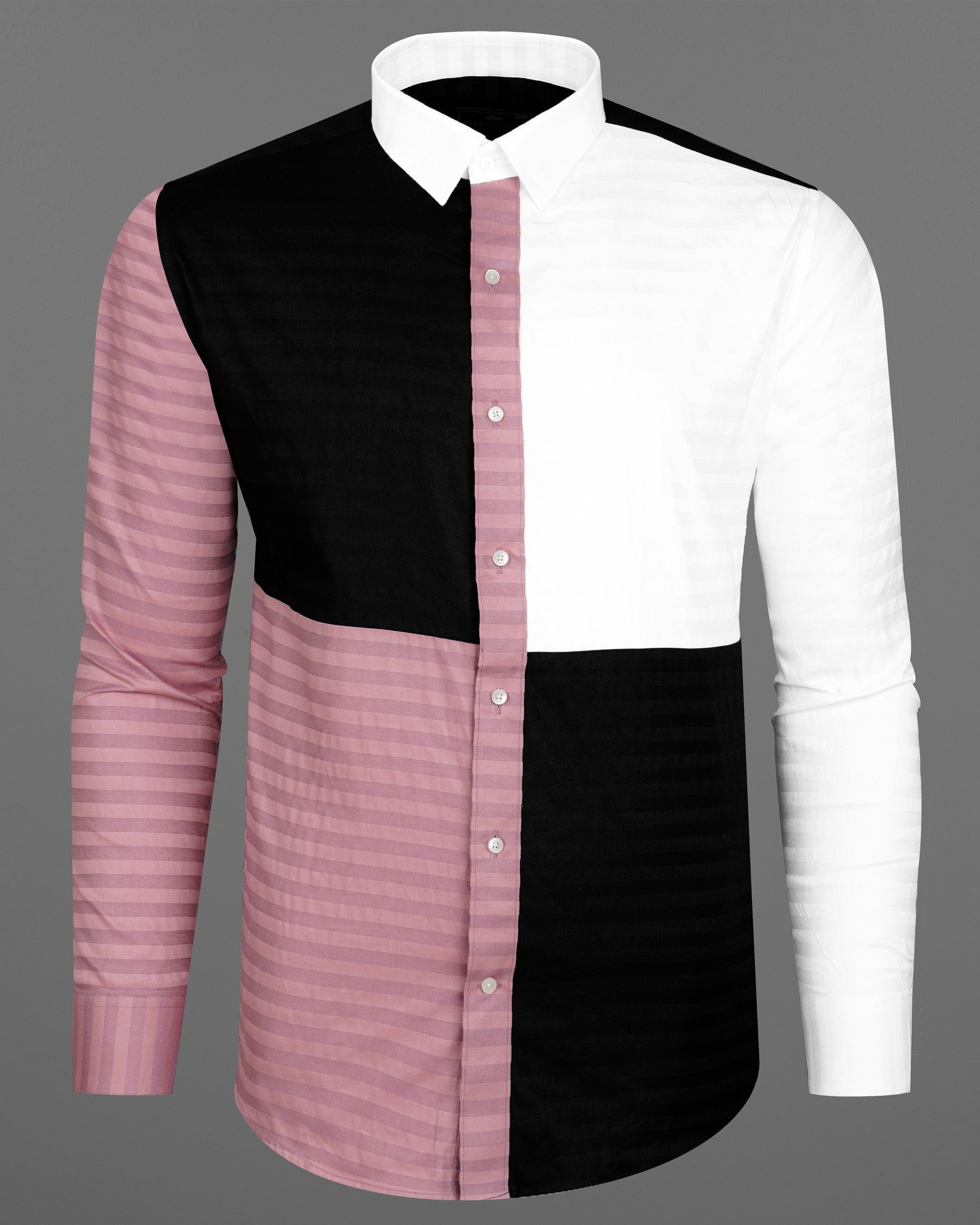 Oriental Pink Striped with Jade Black and White Super Soft Premium Cotton Designer Block Shirt 8045-P102-38, 8045-P102-39, 8045-P102-40, 8045-P102-42, 8045-P102-44, 8045-P102-46, 8045-P102-48, 8045-P102-50, 8045-P102-52