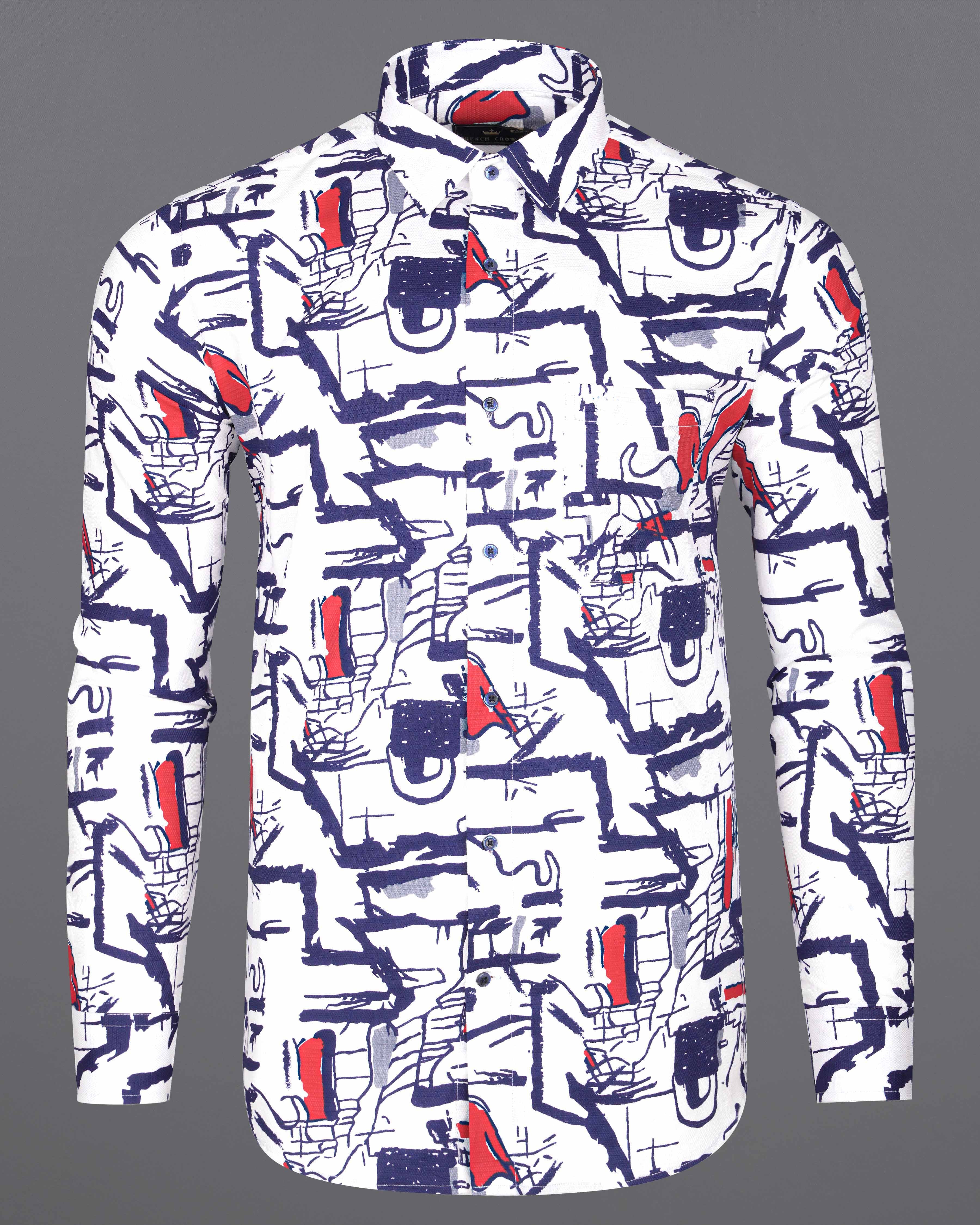 Bright White with Paris Blue Abstract Printed Dobby Textured Premium Giza Cotton Shirt