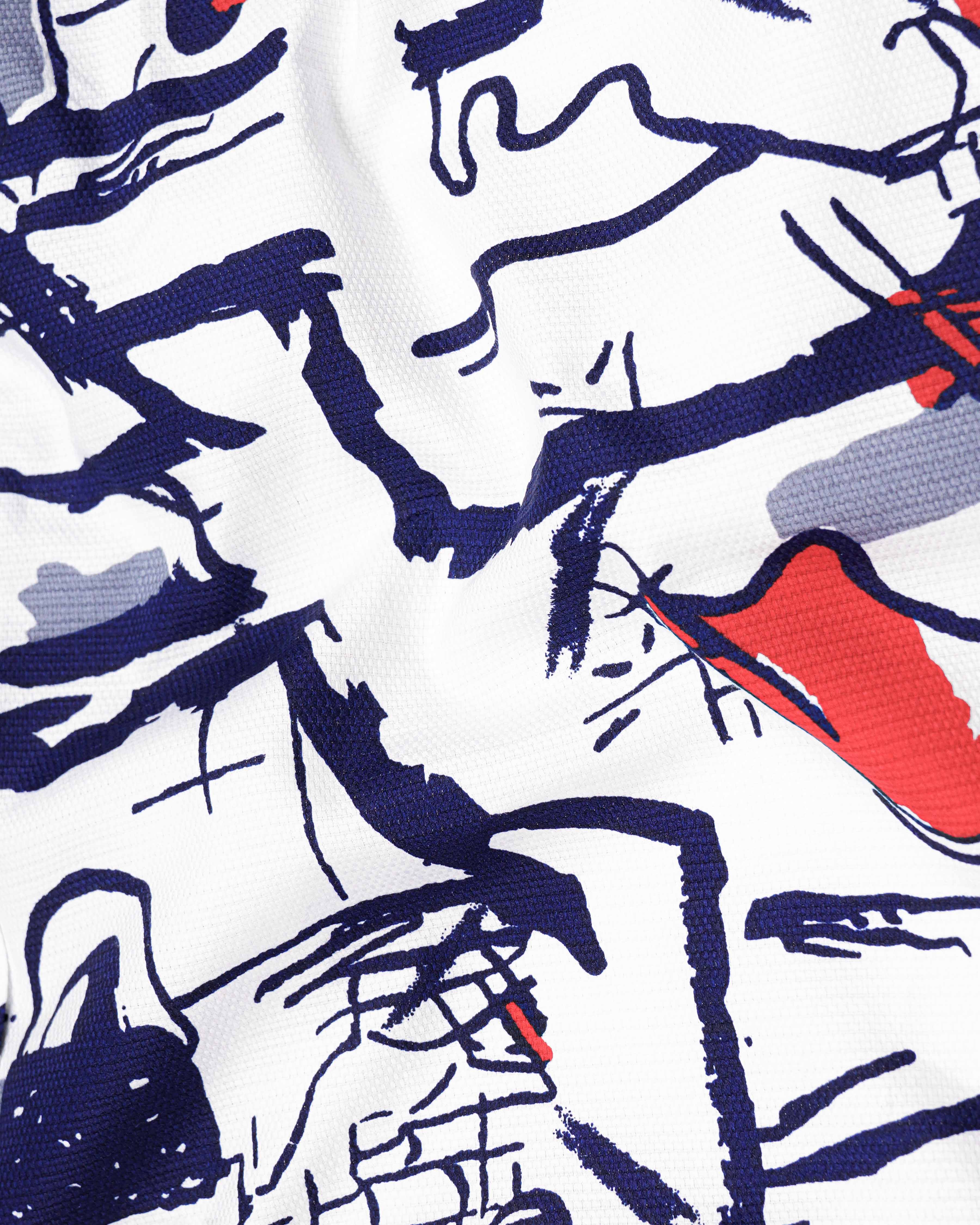 Bright White with Paris Blue Abstract Printed Dobby Textured Premium Giza Cotton Shirt