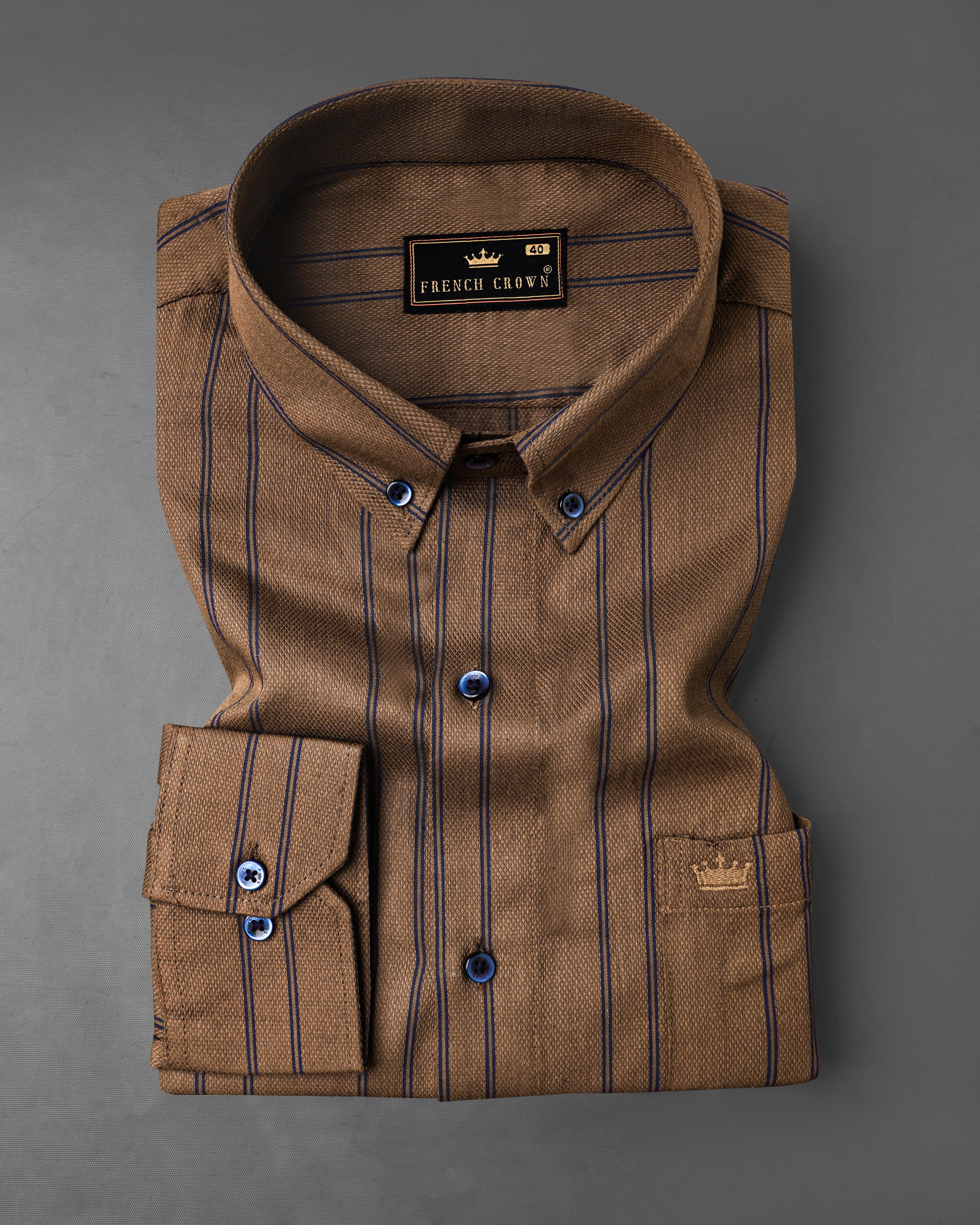 Potter Clay Brown with Ebony Clay Blue Striped Dobby Textured Premium Giza Cotton Shirt