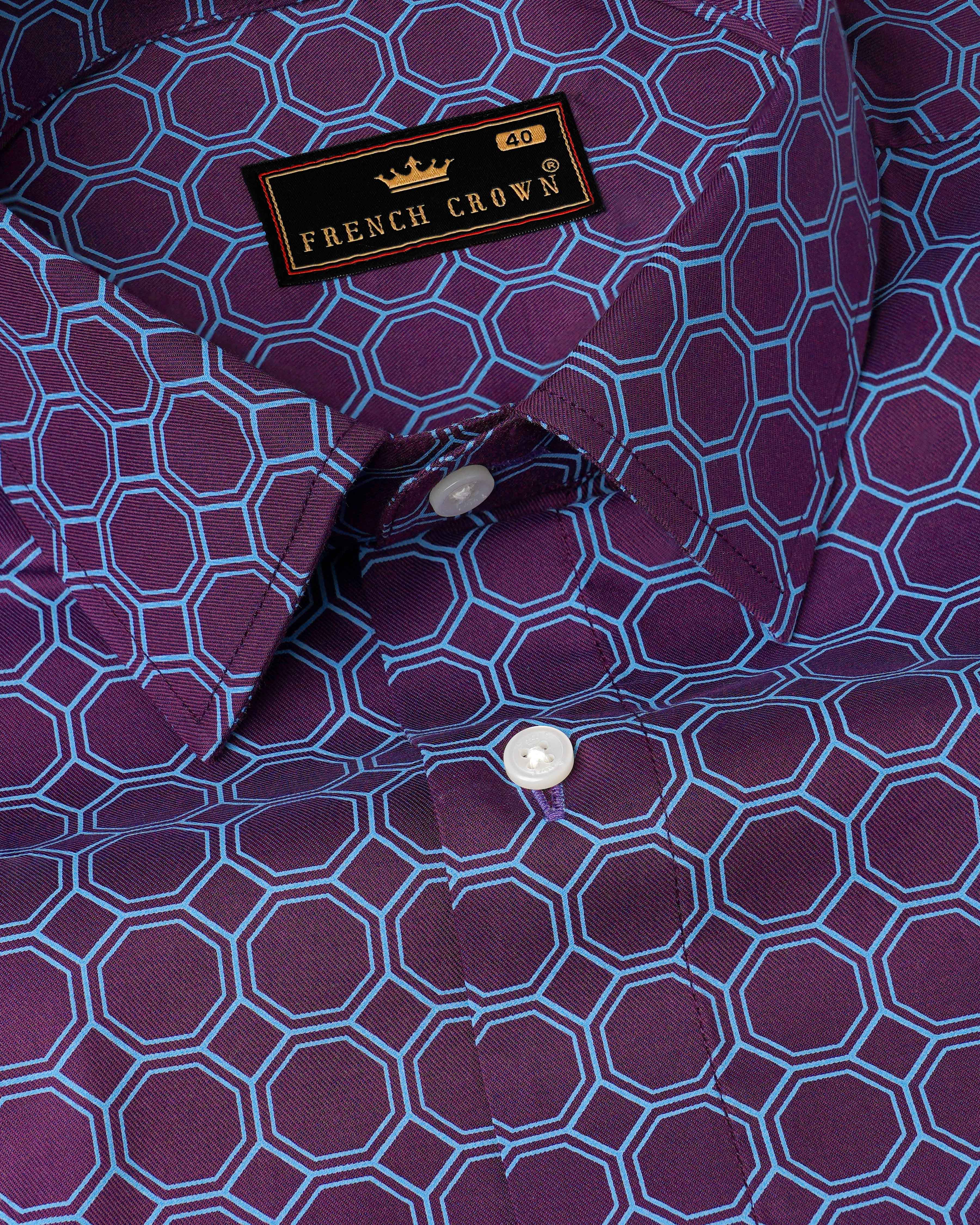 Bossanova Violet with Shakespeare Blue Hexagonal Printed Twill Premium Cotton Shirt 8115-38, 8115-H-38, 8115-39, 8115-H-39, 8115-40, 8115-H-40, 8115-42, 8115-H-42, 8115-44, 8115-H-44, 8115-46, 8115-H-46, 8115-48, 8115-H-48, 8115-50, 8115-H-50, 8115-52, 8115-H-52