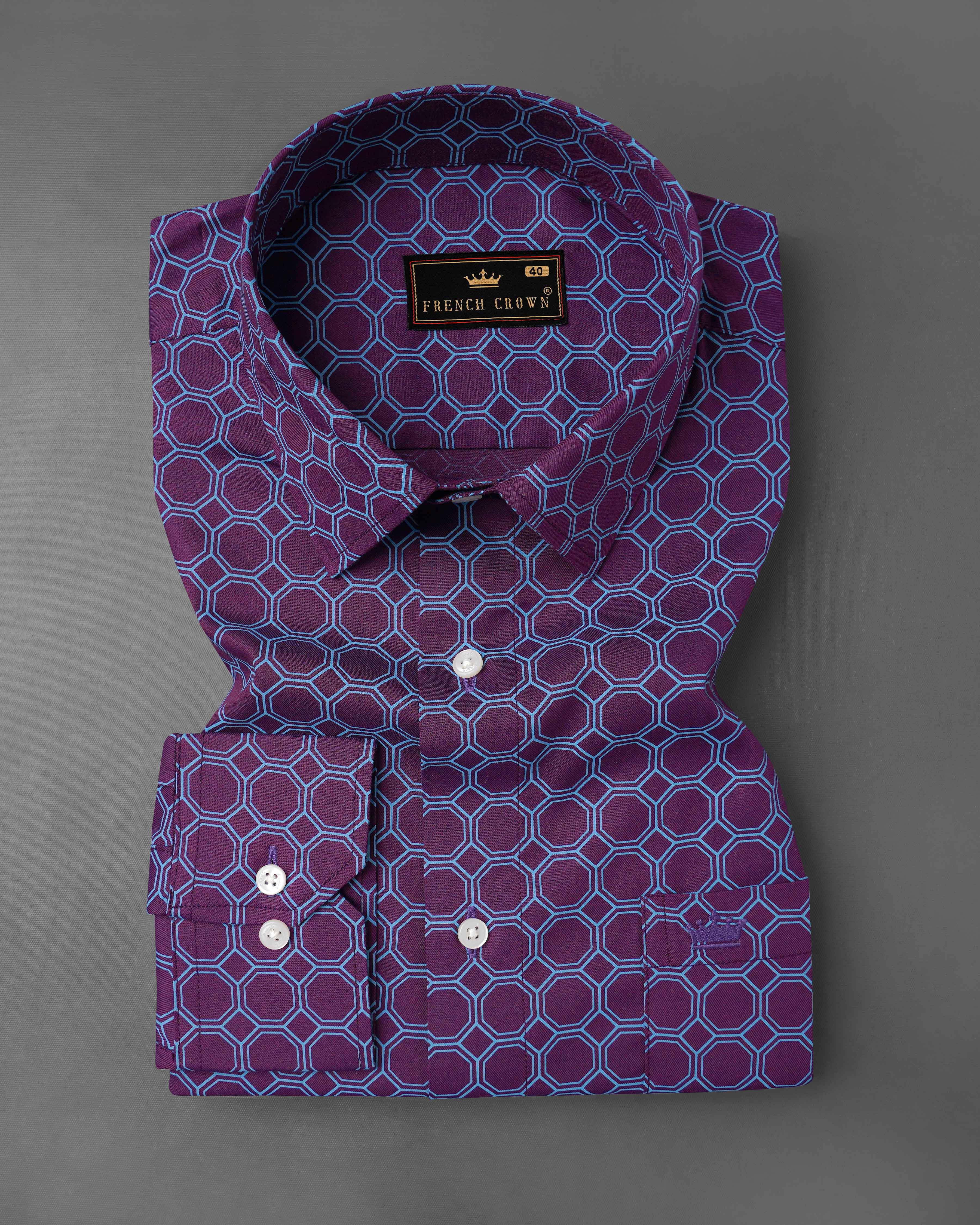 Bossanova Violet with Shakespeare Blue Hexagonal Printed Twill Premium Cotton Shirt 8115-38, 8115-H-38, 8115-39, 8115-H-39, 8115-40, 8115-H-40, 8115-42, 8115-H-42, 8115-44, 8115-H-44, 8115-46, 8115-H-46, 8115-48, 8115-H-48, 8115-50, 8115-H-50, 8115-52, 8115-H-52