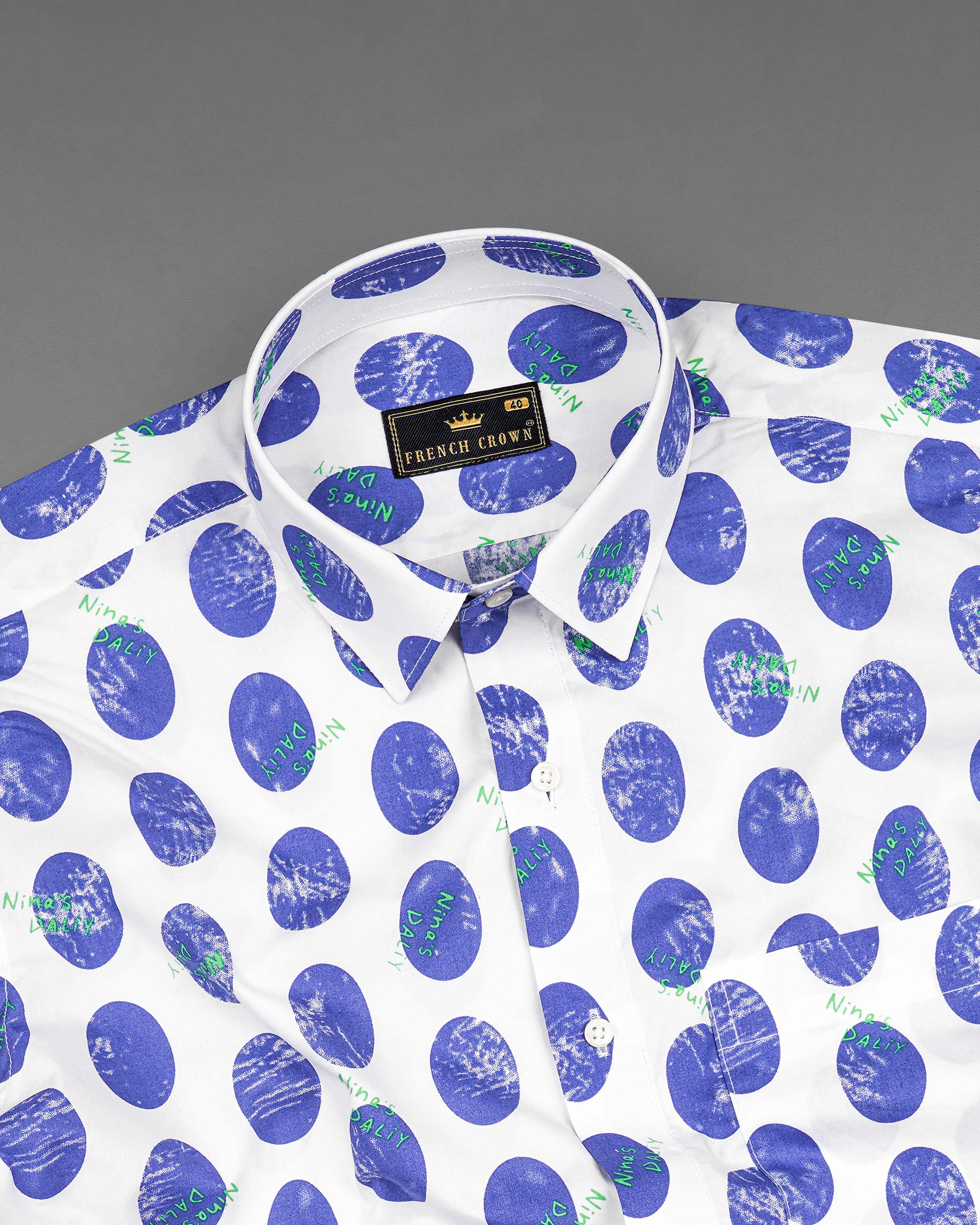 Bright White with Scampi Blue Polka Dots Premium Cotton Shirt