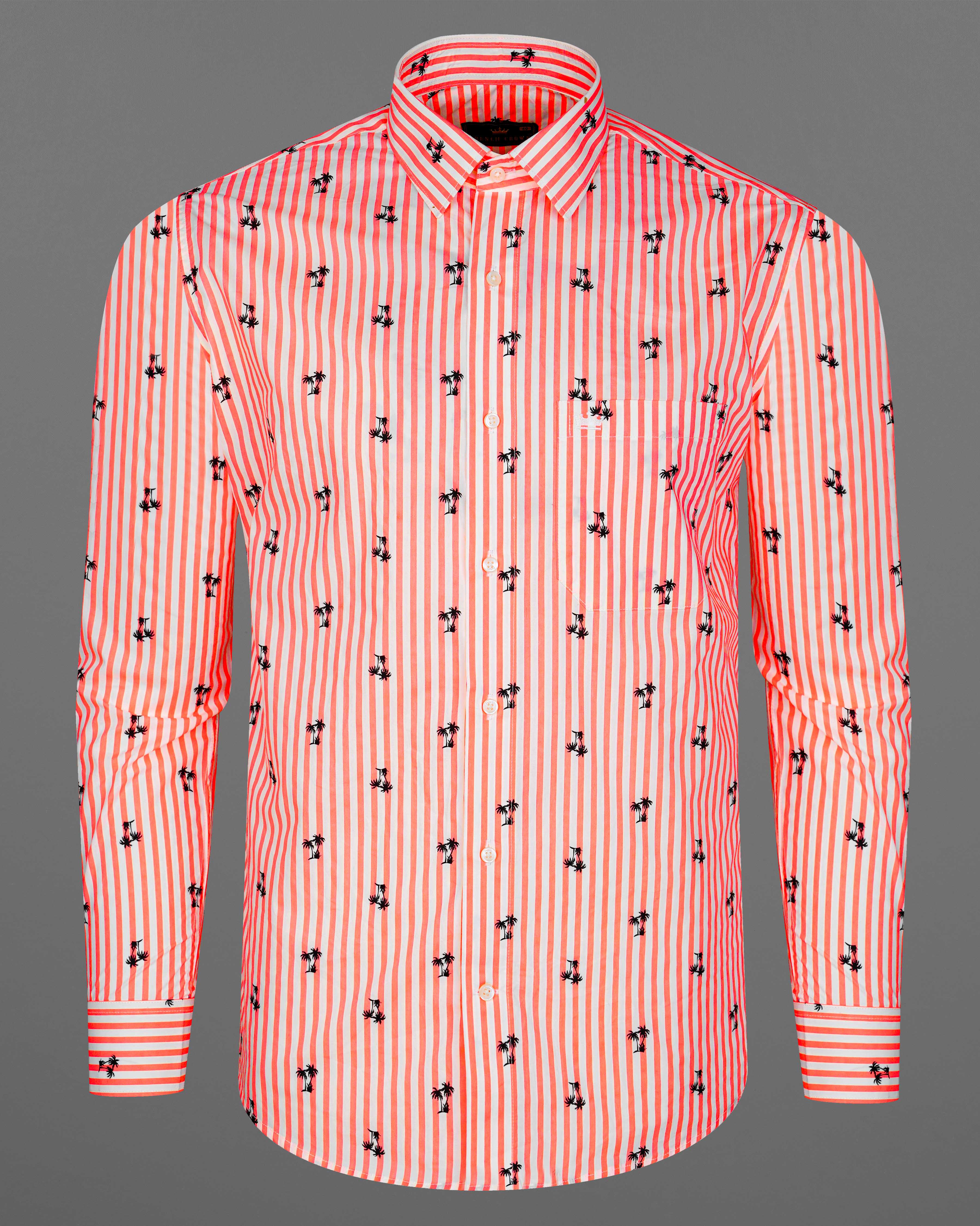 Portland Orange and Cream Striped with Trees Printed Premium Cotton Shirt  8617-38,8617-H-38,8617-39,8617-H-39,8617-40,8617-H-40,8617-42,8617-H-42,8617-44,8617-H-44,8617-46,8617-H-46,8617-48,8617-H-48,8617-50,8617-H-50,8617-52,8617-H-52