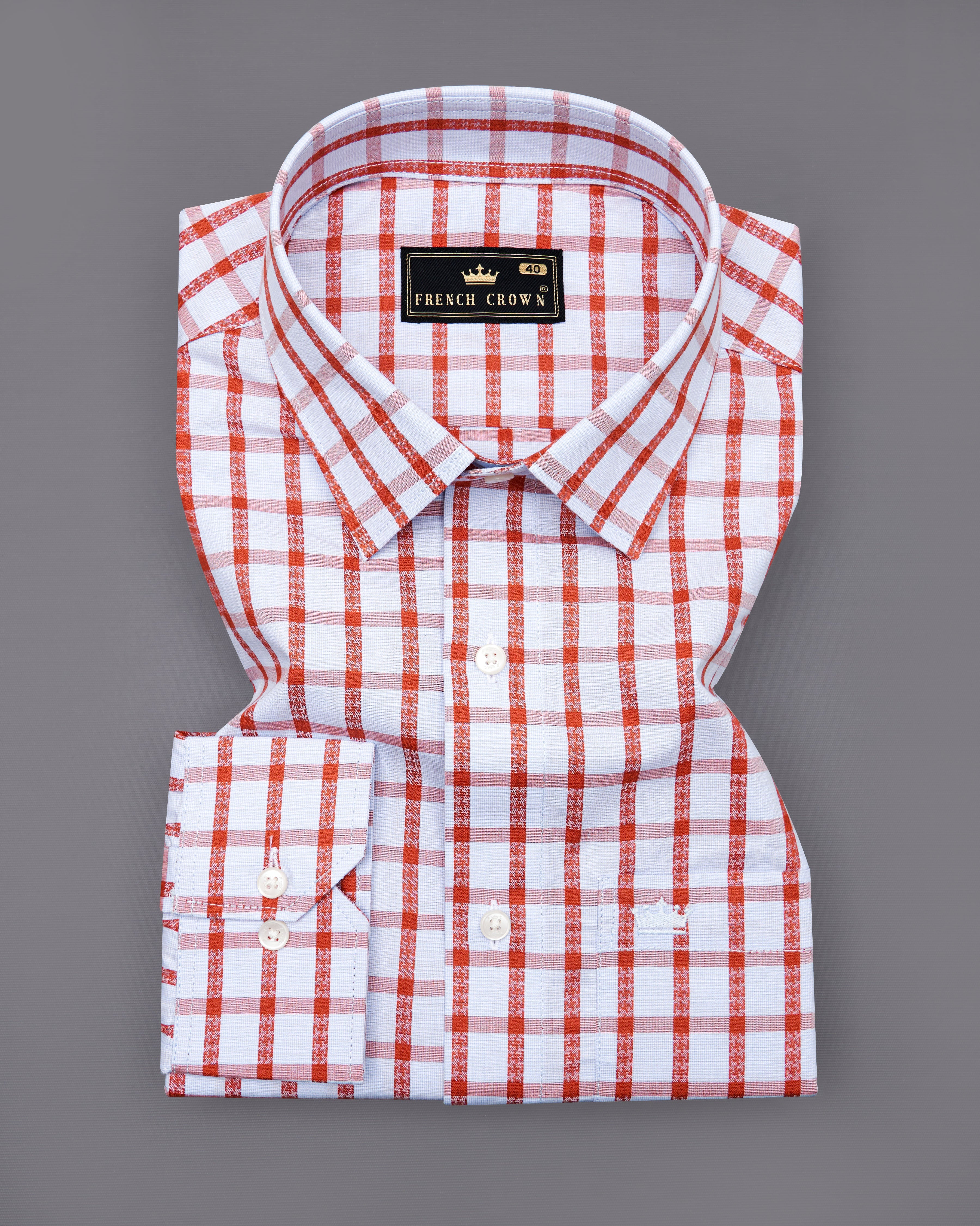 Bright White and Chestnut Red Checkered Dobby Textured Premium Giza Cotton Shirt  8656-38,8656-H-38,8656-39,8656-H-39,8656-40,8656-H-40,8656-42,8656-H-42,8656-44,8656-H-44,8656-46,8656-H-46,8656-48,8656-H-48,8656-50,8656-H-50,8656-52,8656-H-52