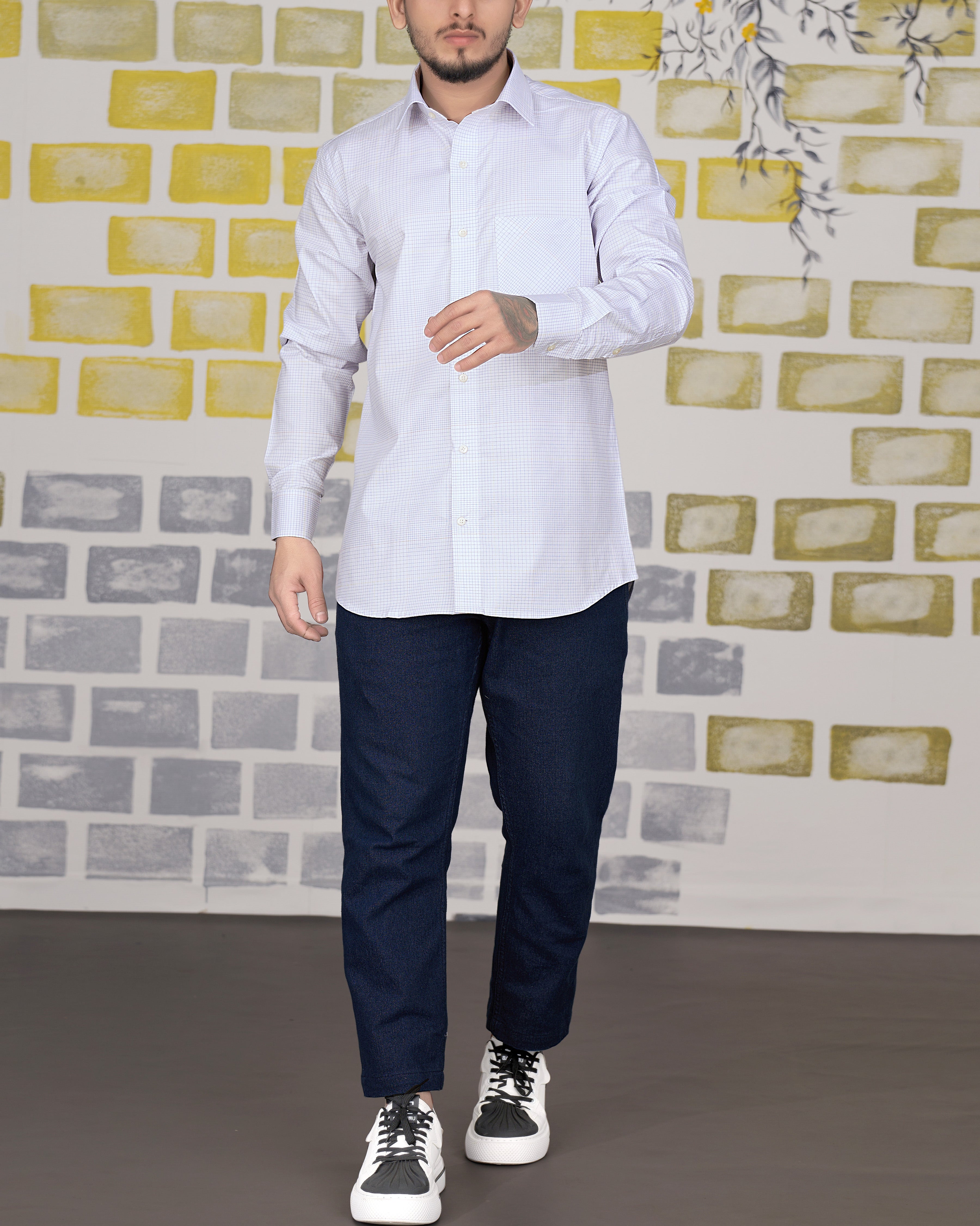Bright White Twill Checkered Premium Cotton Shirt