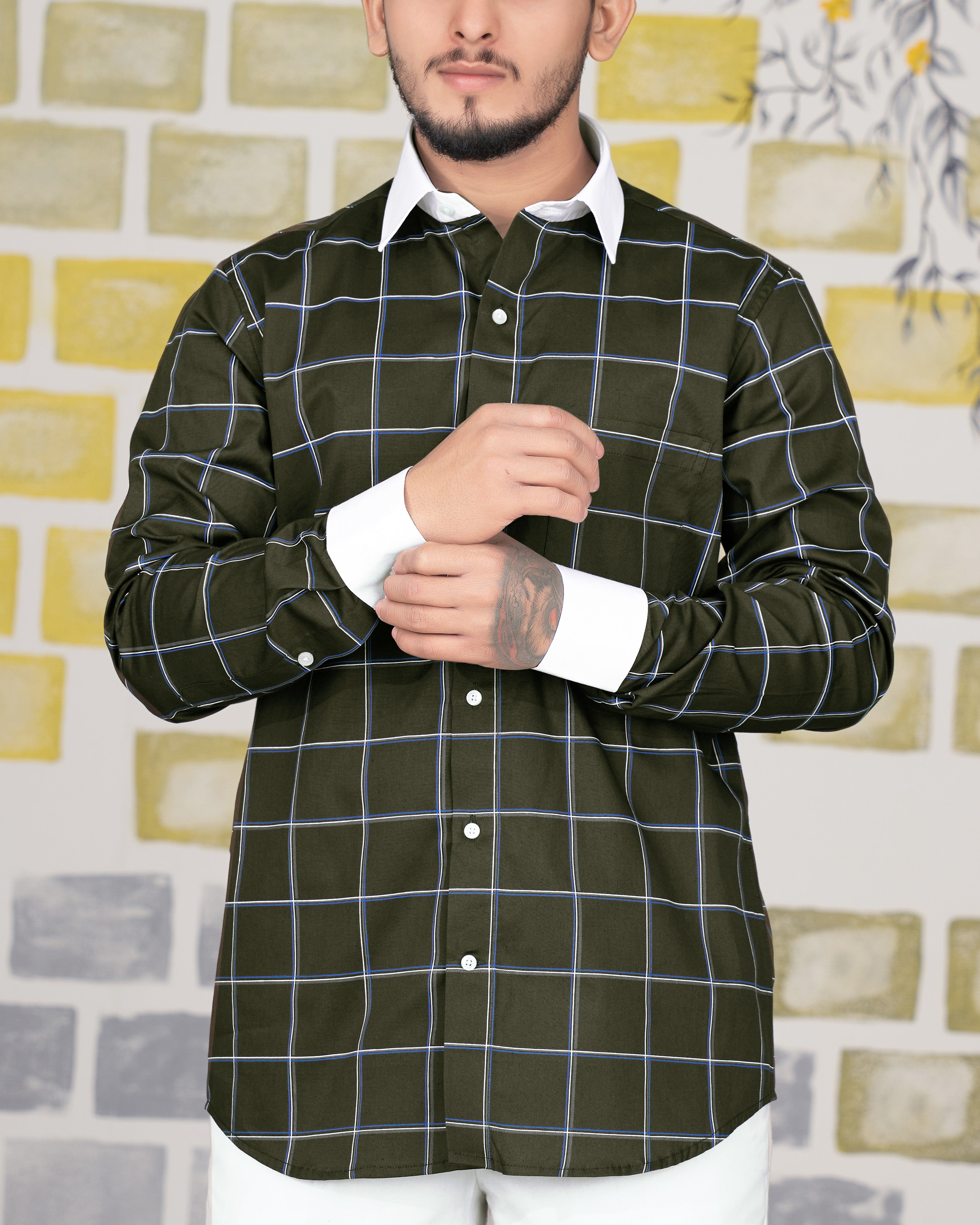 Taupe Green Windowpane with White Collar Royal Oxford Shirt