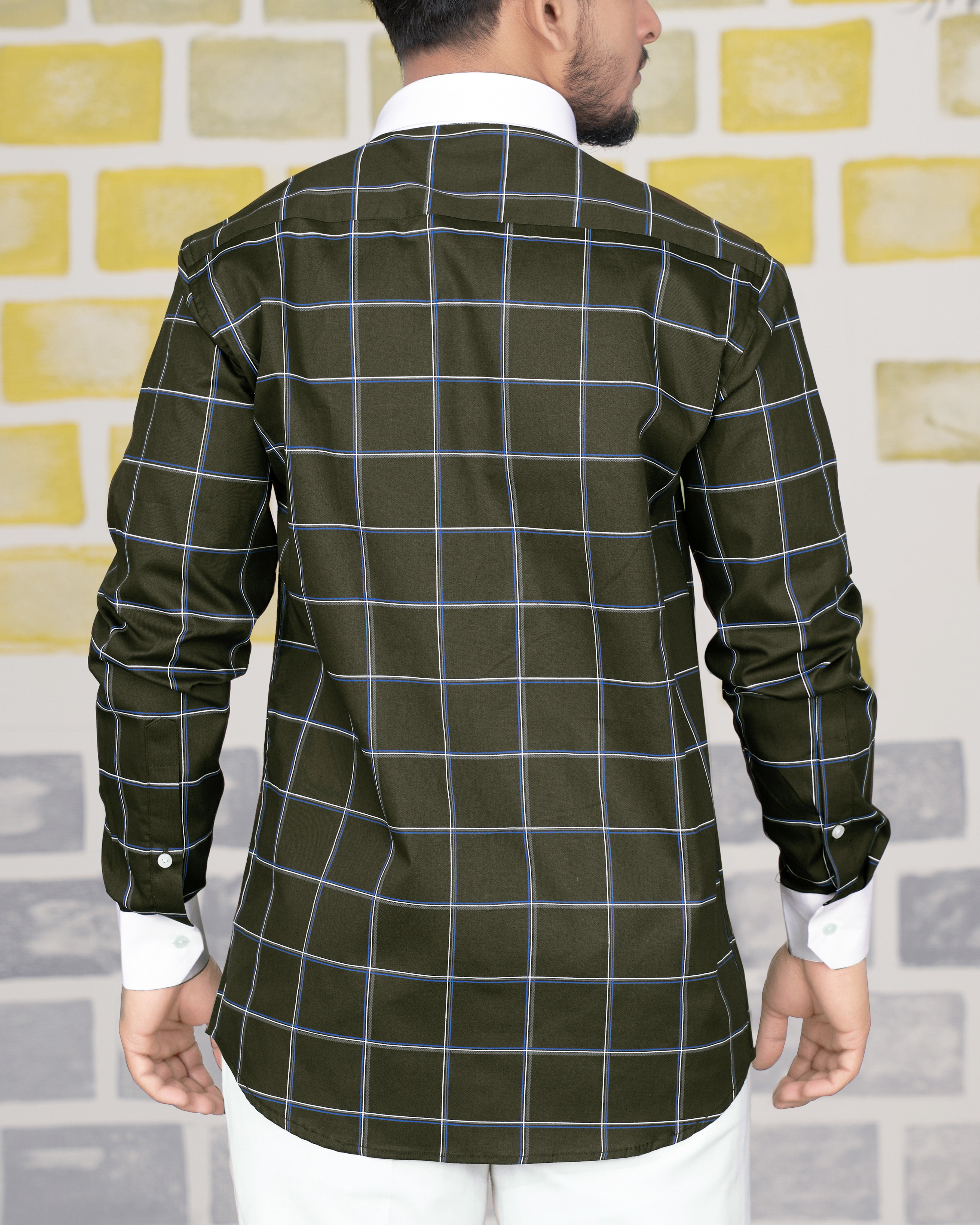 Taupe Green Windowpane with White Collar Royal Oxford Shirt