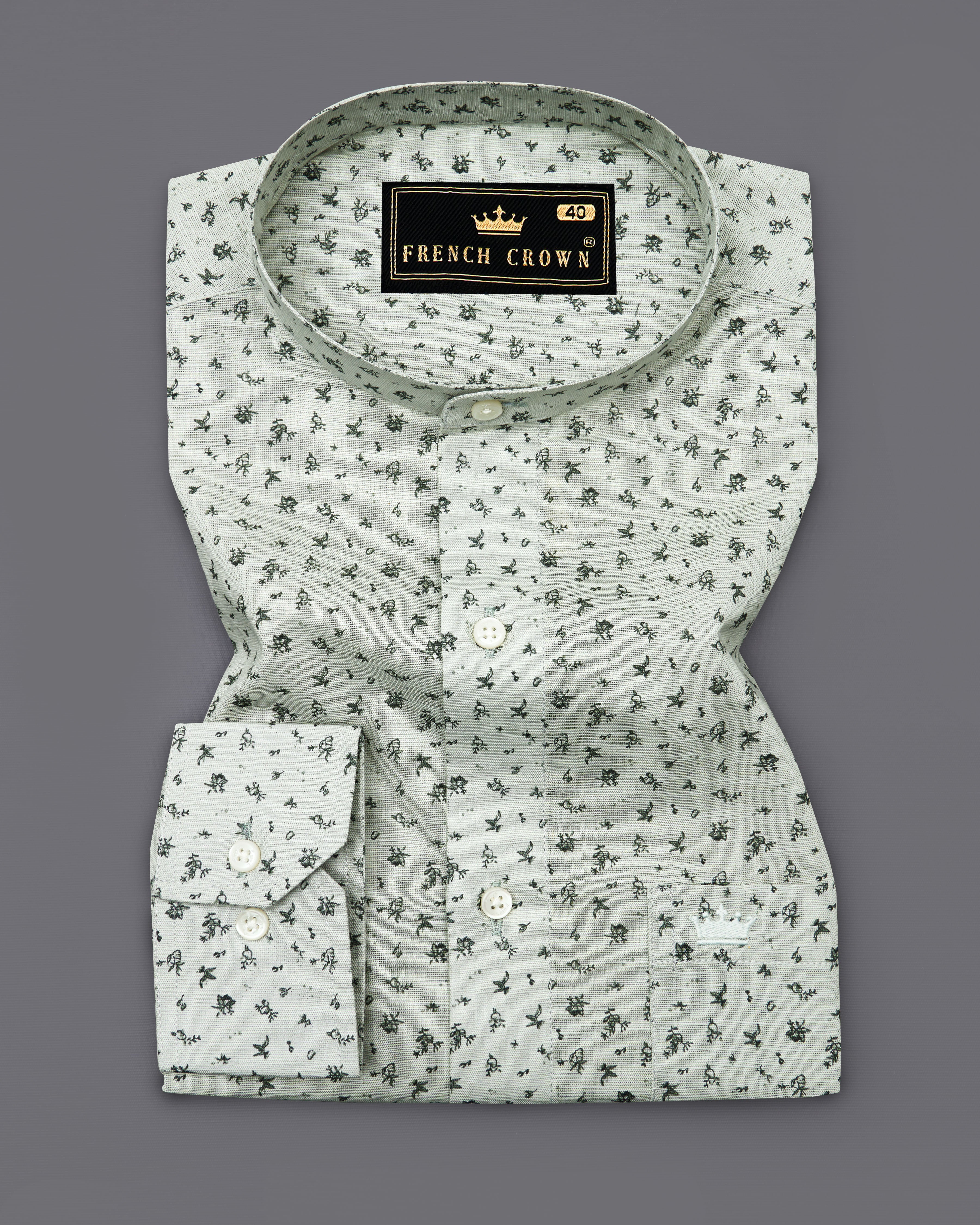 Pumice Green Ditsy Printed Luxurious Linen Shirt  8777-M-38,8777-M-H-38,8777-M-39,8777-M-H-39,8777-M-40,8777-M-H-40,8777-M-42,8777-M-H-42,8777-M-44,8777-M-H-44,8777-M-46,8777-M-H-46,8777-M-48,8777-M-H-48,8777-M-50,8777-M-H-50,8777-M-52,8777-M-H-52