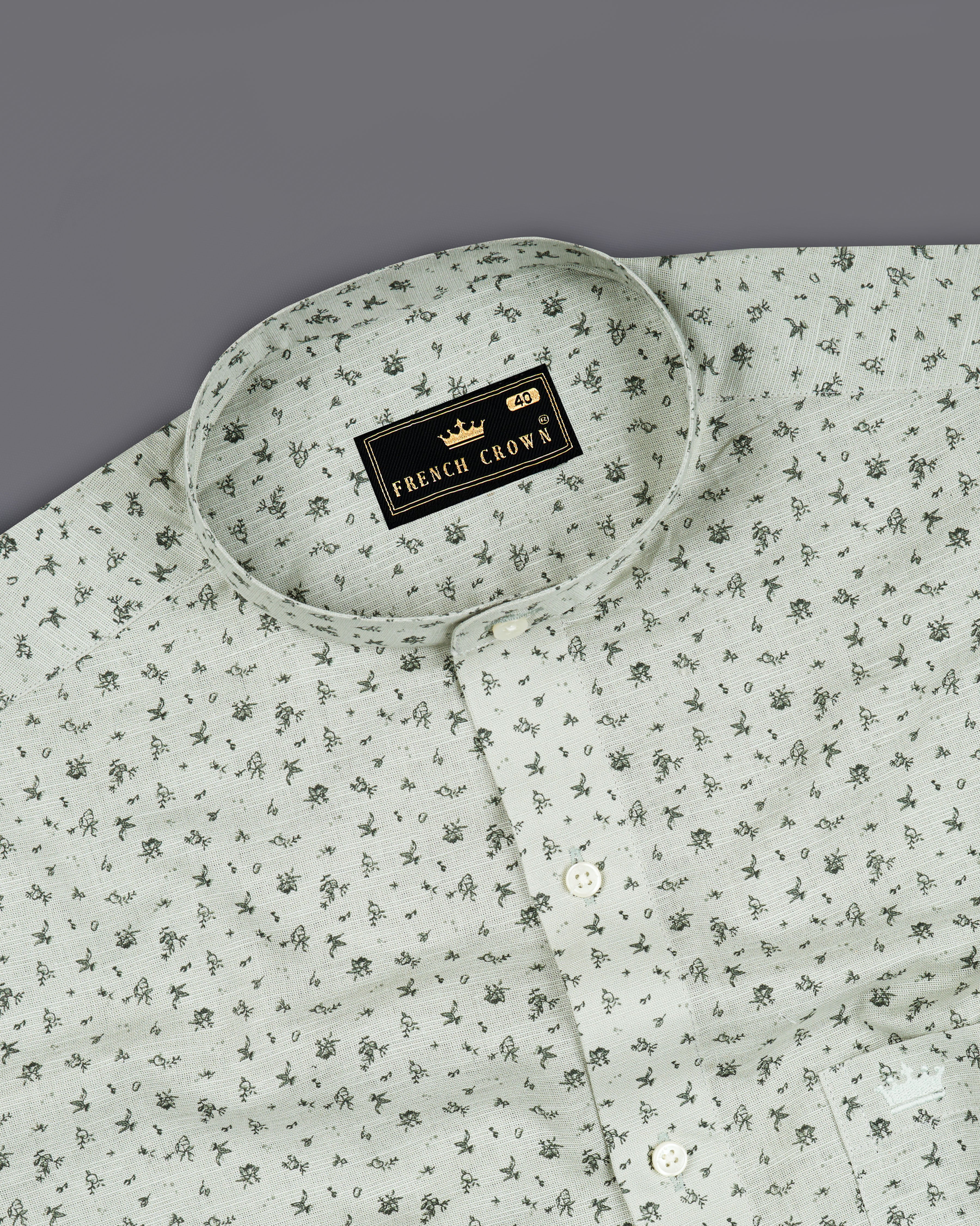 Pumice Green Ditsy Printed Luxurious Linen Shirt  8777-M-38,8777-M-H-38,8777-M-39,8777-M-H-39,8777-M-40,8777-M-H-40,8777-M-42,8777-M-H-42,8777-M-44,8777-M-H-44,8777-M-46,8777-M-H-46,8777-M-48,8777-M-H-48,8777-M-50,8777-M-H-50,8777-M-52,8777-M-H-52
