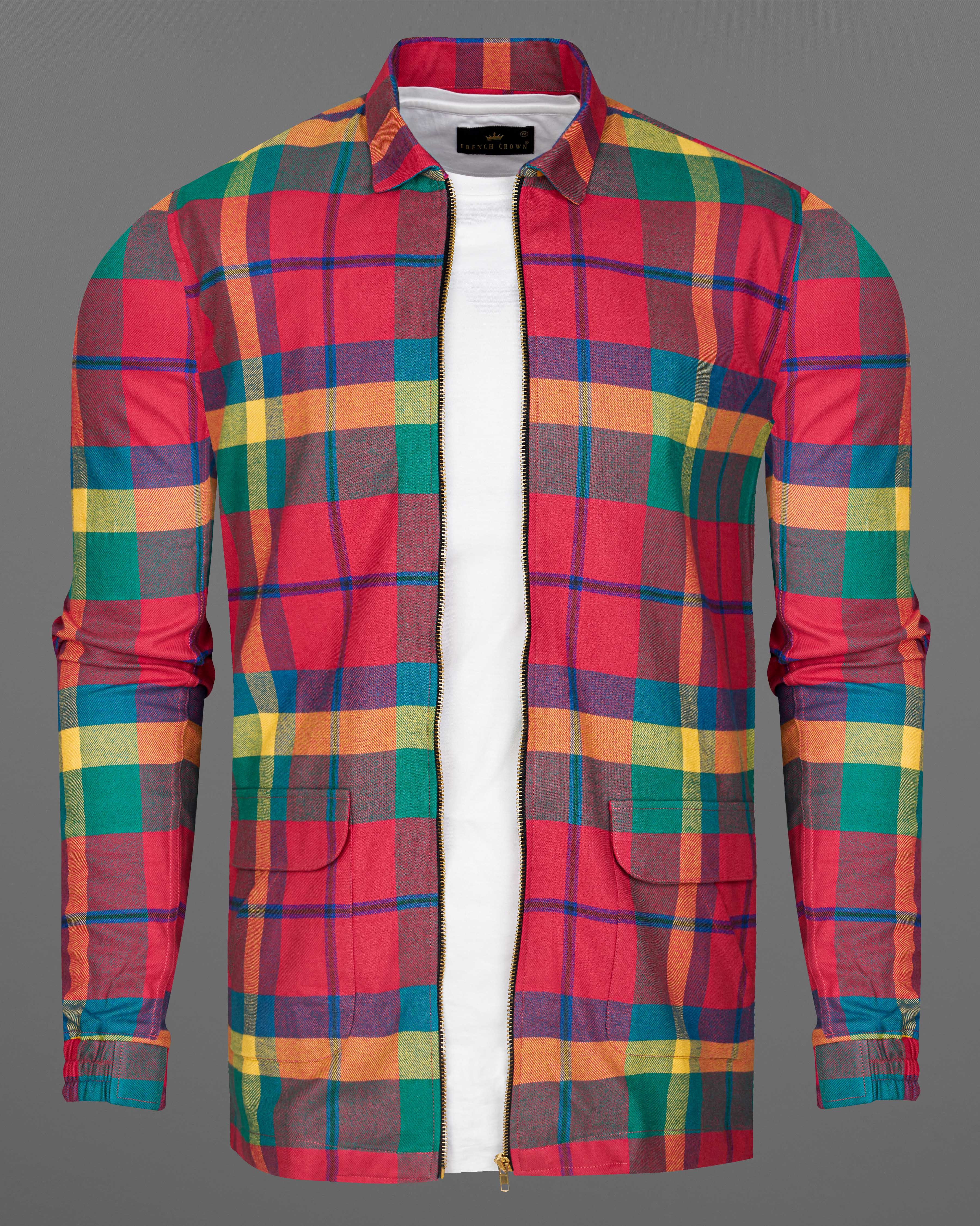 Radical Pink Multicolour Checkered Flannel Designer Overshirt/Shacket with Zipper Closure 8781-P523-38, 8781-P523-39, 8781-P523-40, 8781-P523-42, 8781-P523-44, 8781-P523-46, 8781-P523-48, 8781-P523-50, 8781-P523-52
