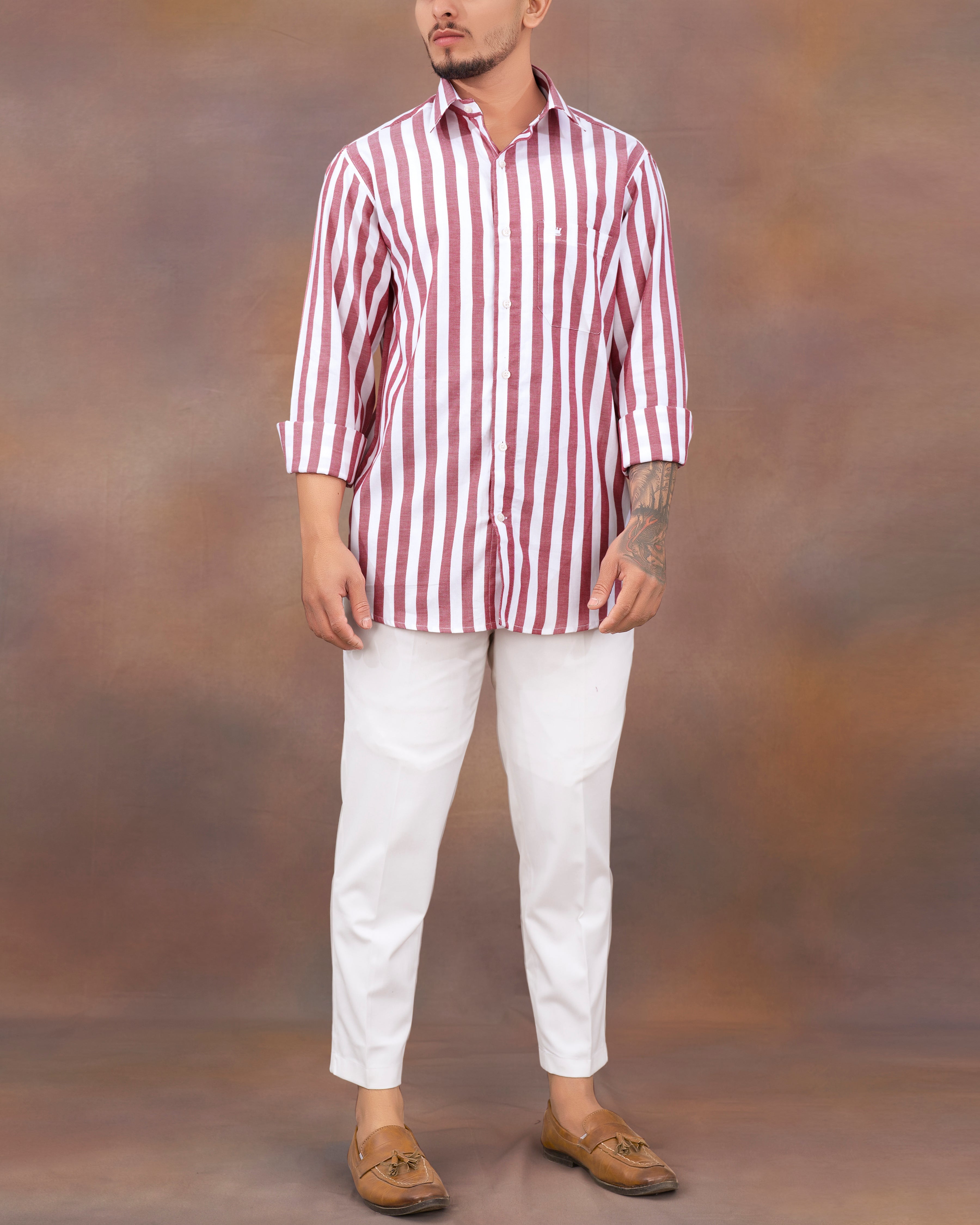Bright White with Merlot Pink Striped Dobby Textured Premium Giza Cotton Shirt