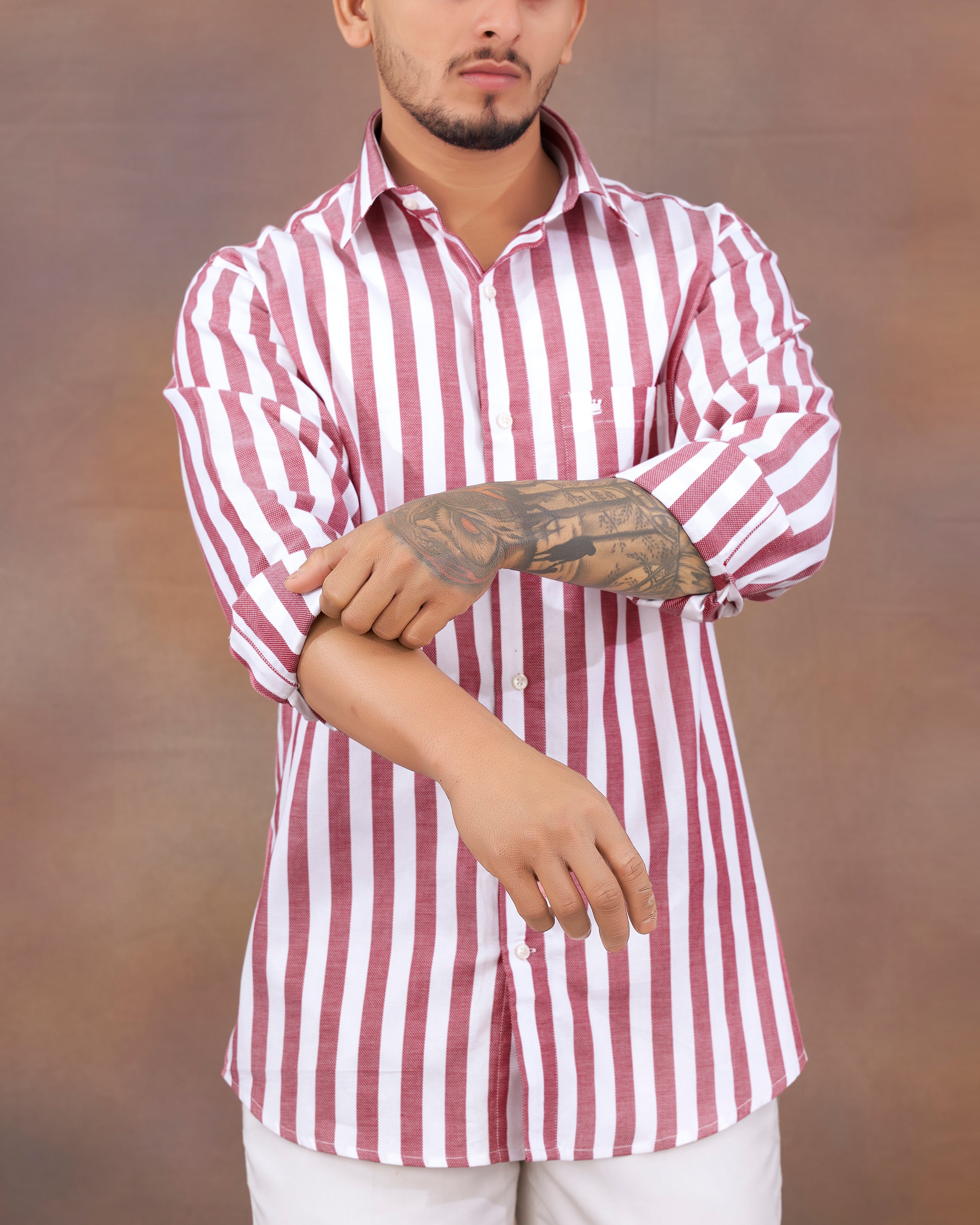 Bright White with Merlot Pink Striped Dobby Textured Premium Giza Cotton Shirt