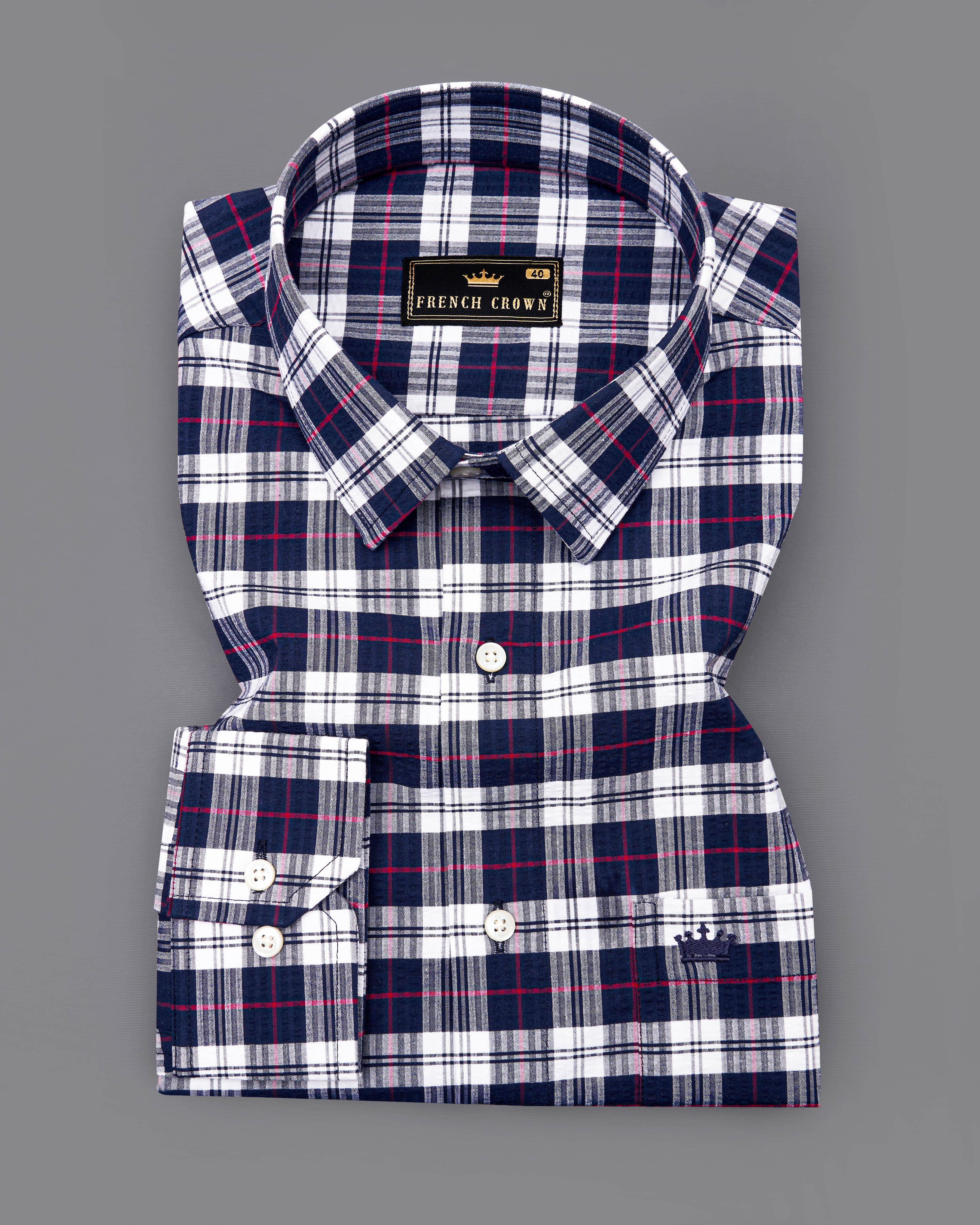 Bright White with Mirage Navy Blue Checkered Seersucker Premium Cotton Shirt 8804-38,8804-H-38,8804-39,8804-H-39,8804-40,8804-H-40,8804-42,8804-H-42,8804-44,8804-H-44,8804-46,8804-H-46,8804-48,8804-H-48,8804-50,8804-H-50,8804-52,8804-H-52