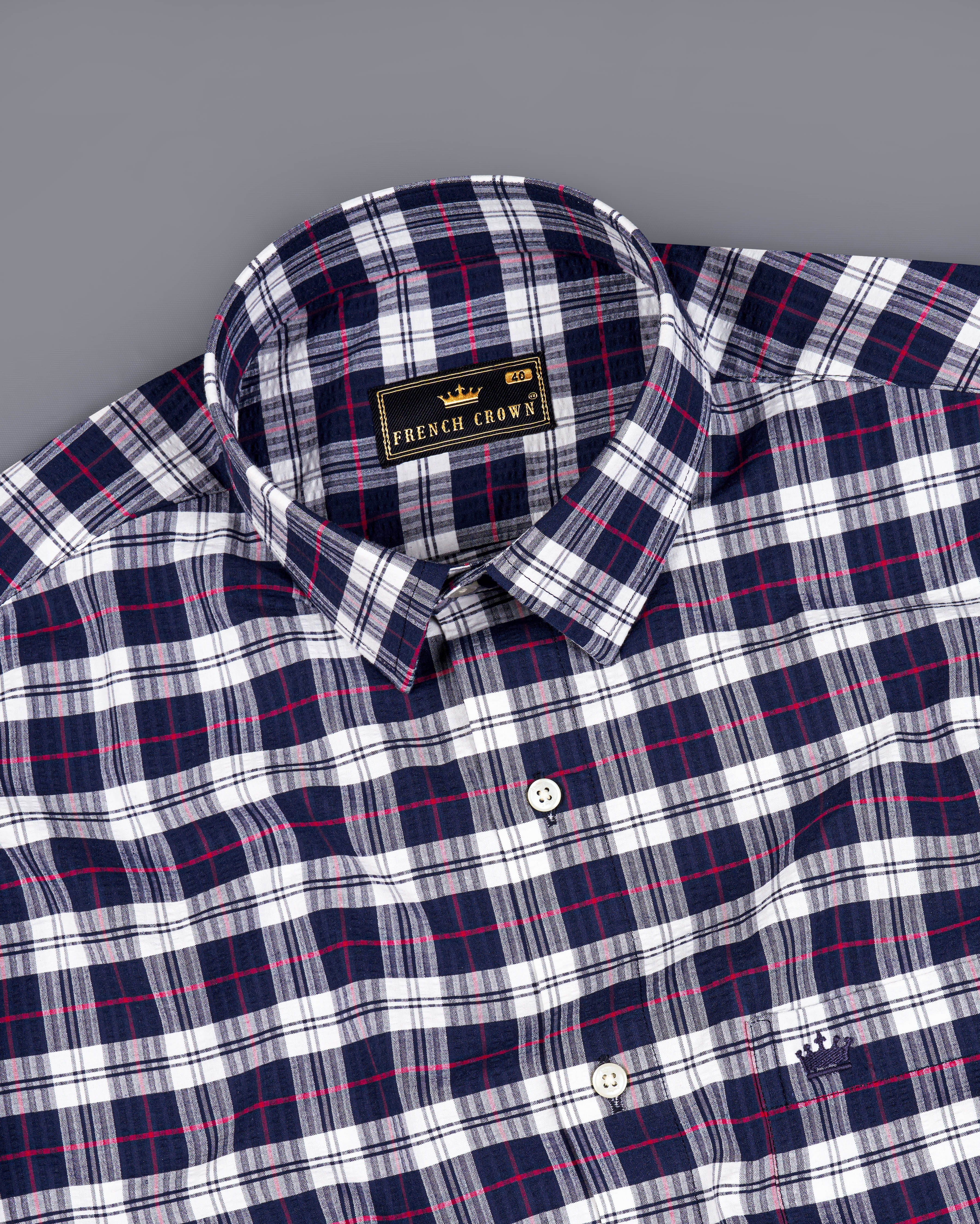 Bright White with Mirage Navy Blue Checkered Seersucker Premium Cotton Shirt 8804-38,8804-H-38,8804-39,8804-H-39,8804-40,8804-H-40,8804-42,8804-H-42,8804-44,8804-H-44,8804-46,8804-H-46,8804-48,8804-H-48,8804-50,8804-H-50,8804-52,8804-H-52