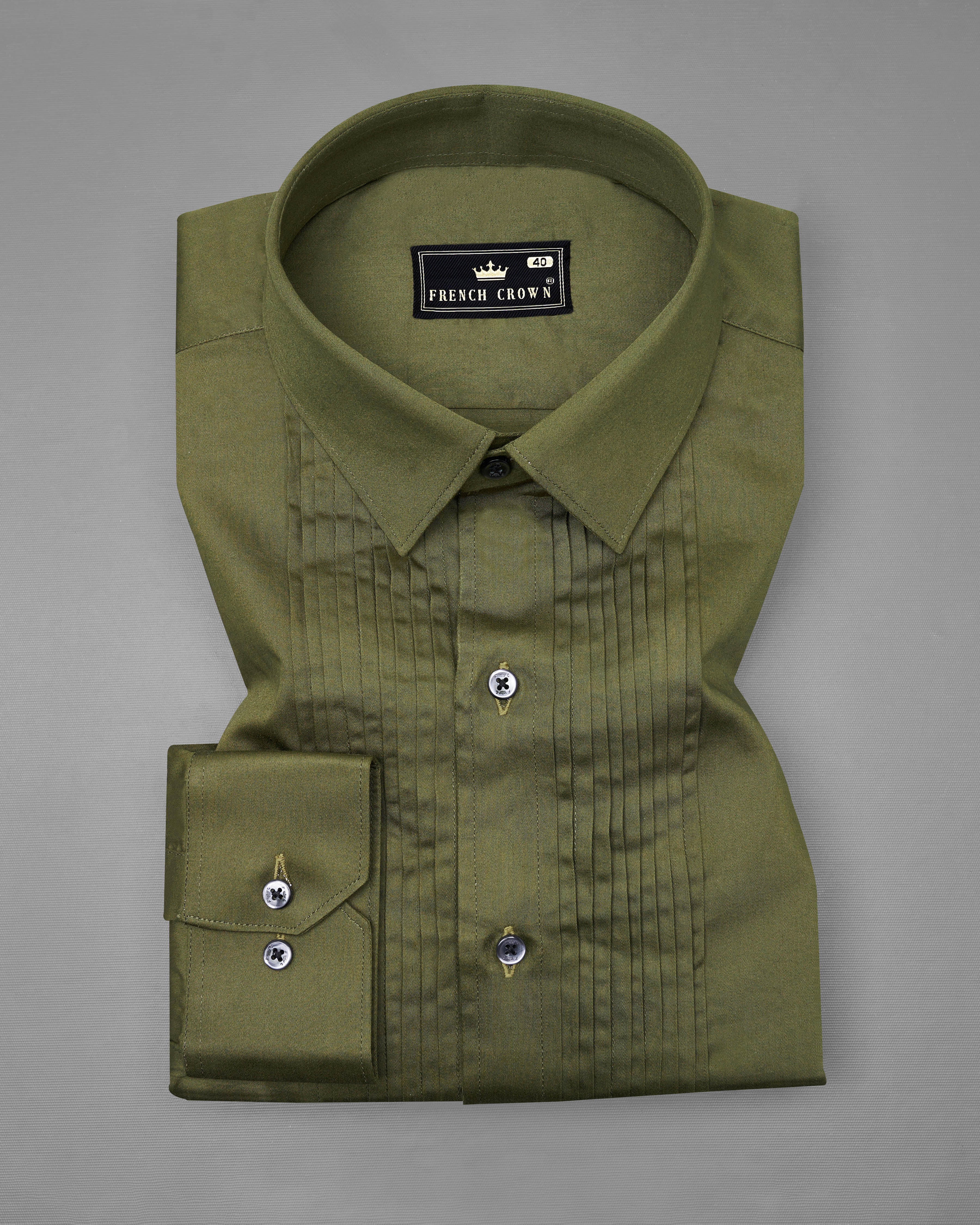 Fuscous Green Subtle Sheen Snake Pleated Super Soft Premium Cotton Tuxedo Shirt