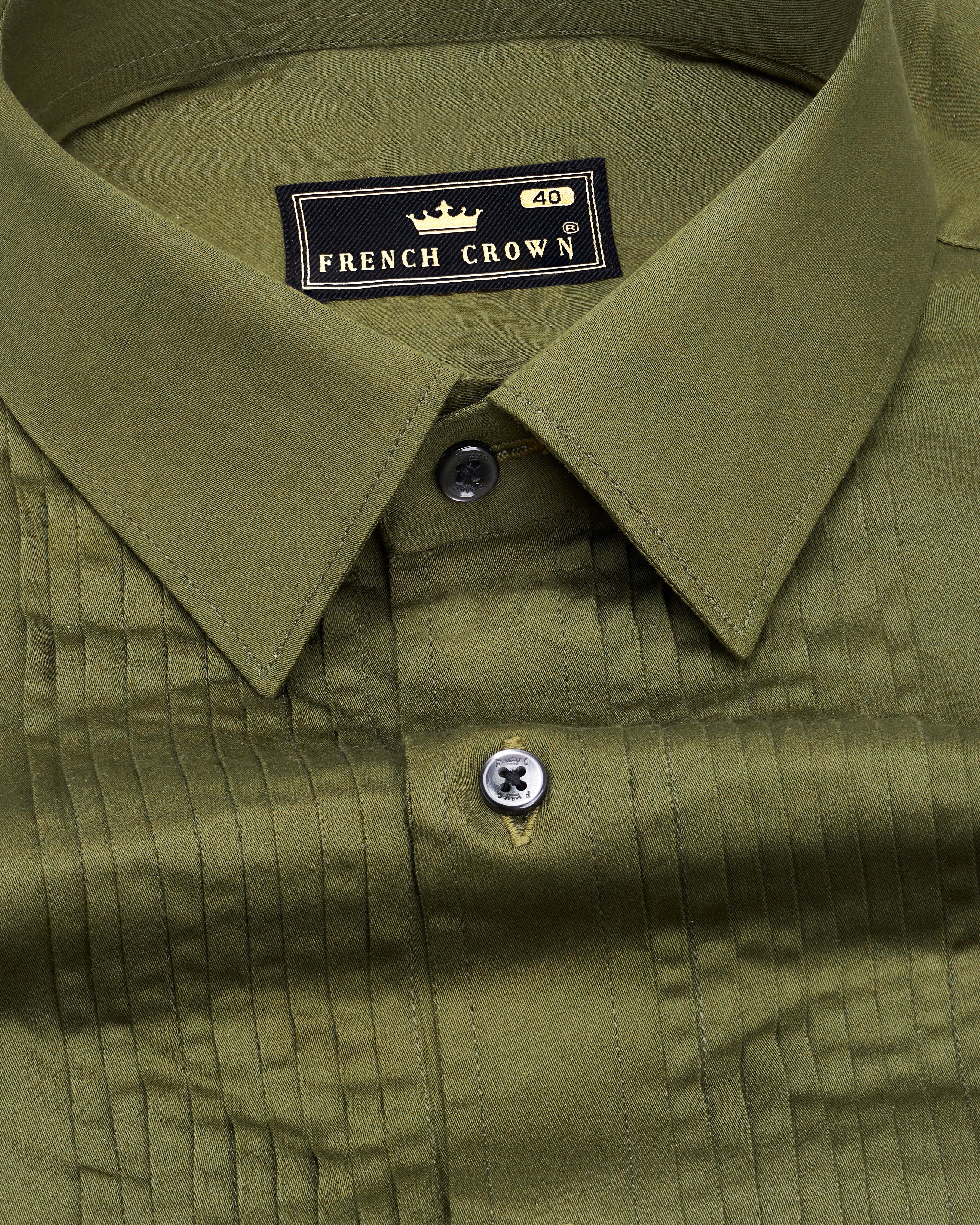 Fuscous Green Subtle Sheen Snake Pleated Super Soft Premium Cotton Tuxedo Shirt