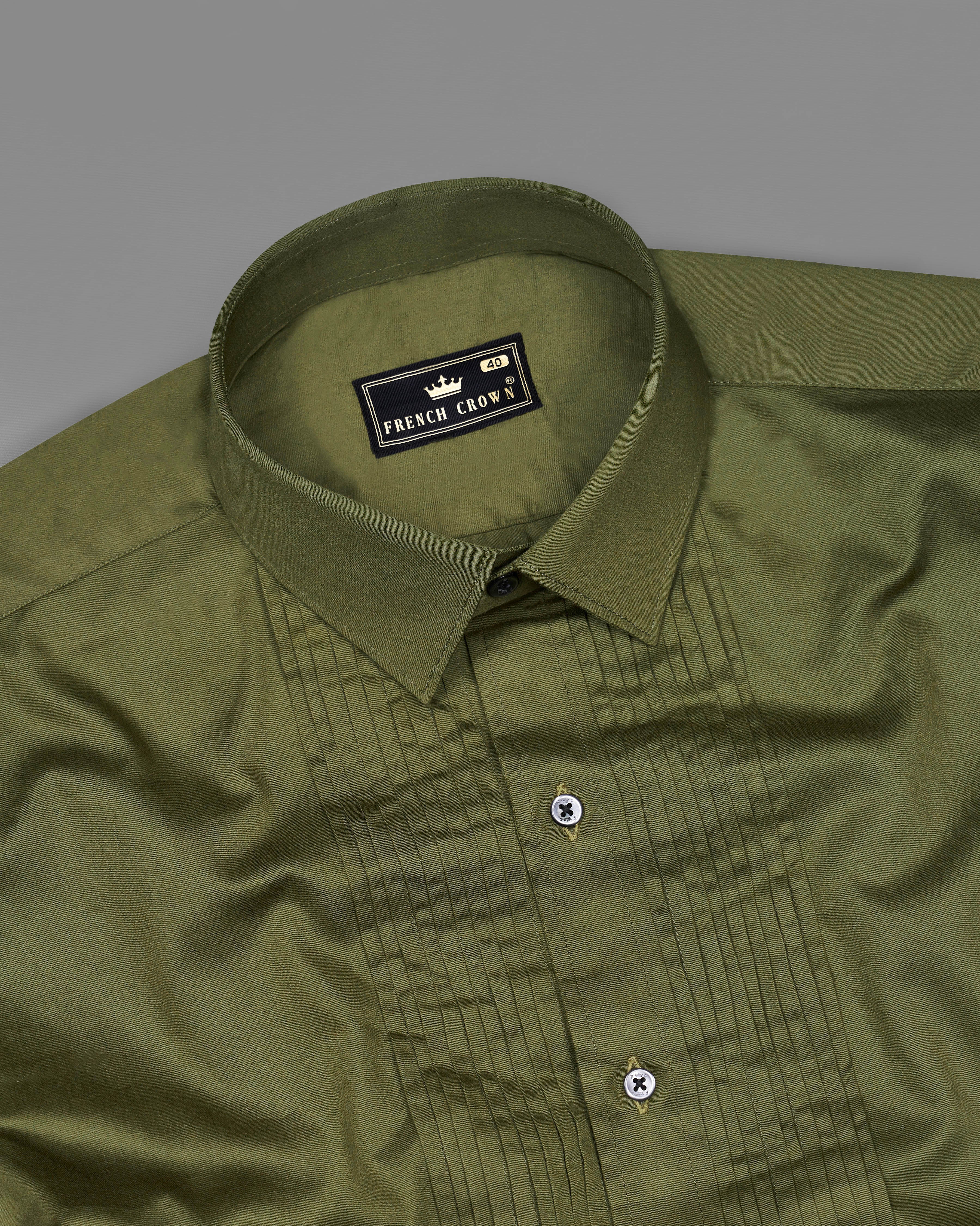 Fuscous Green Subtle Sheen Snake Pleated Super Soft Premium Cotton Tuxedo Shirt