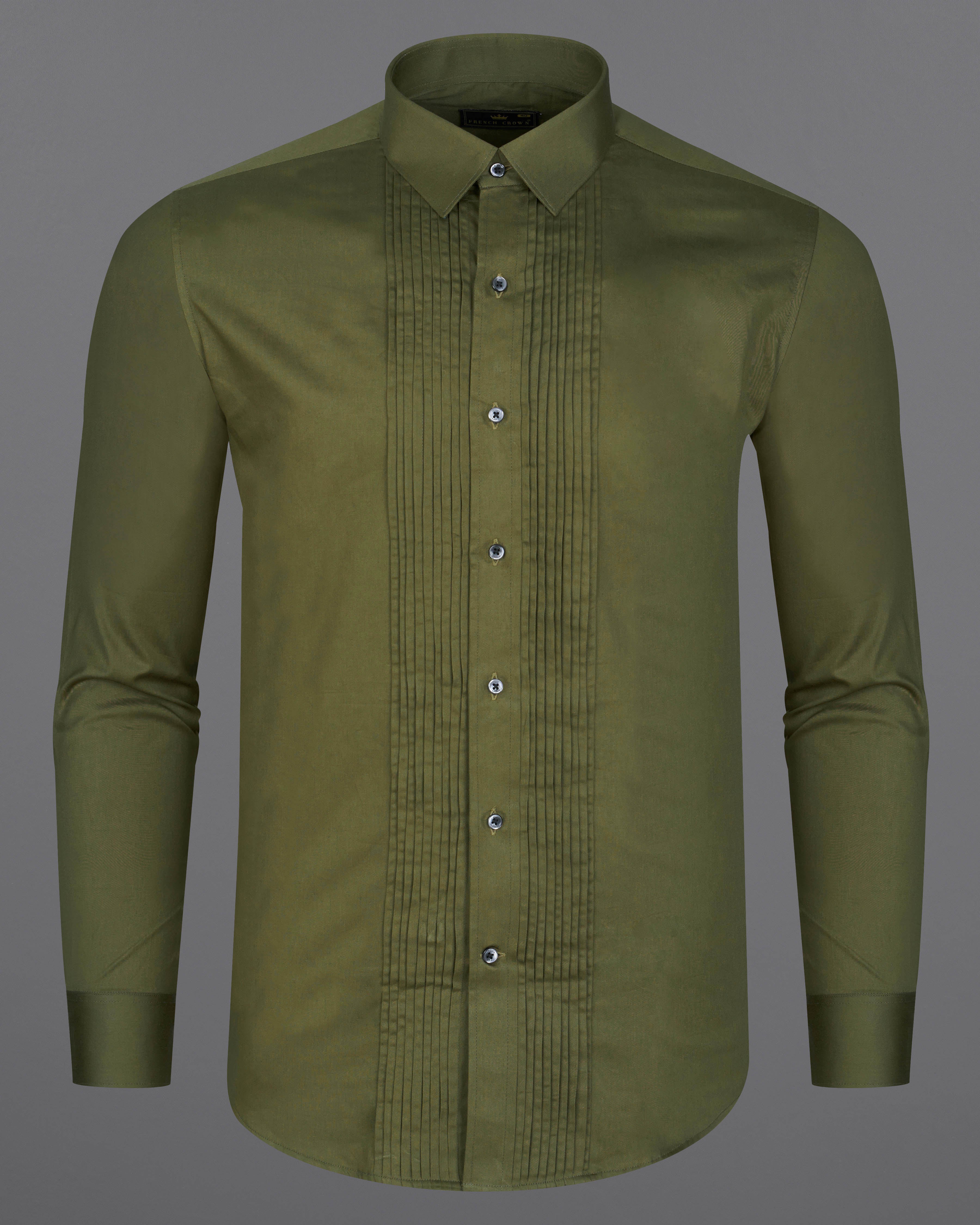 Fuscous Green Subtle Sheen Snake Pleated Super Soft Premium Cotton Tuxedo Shirt