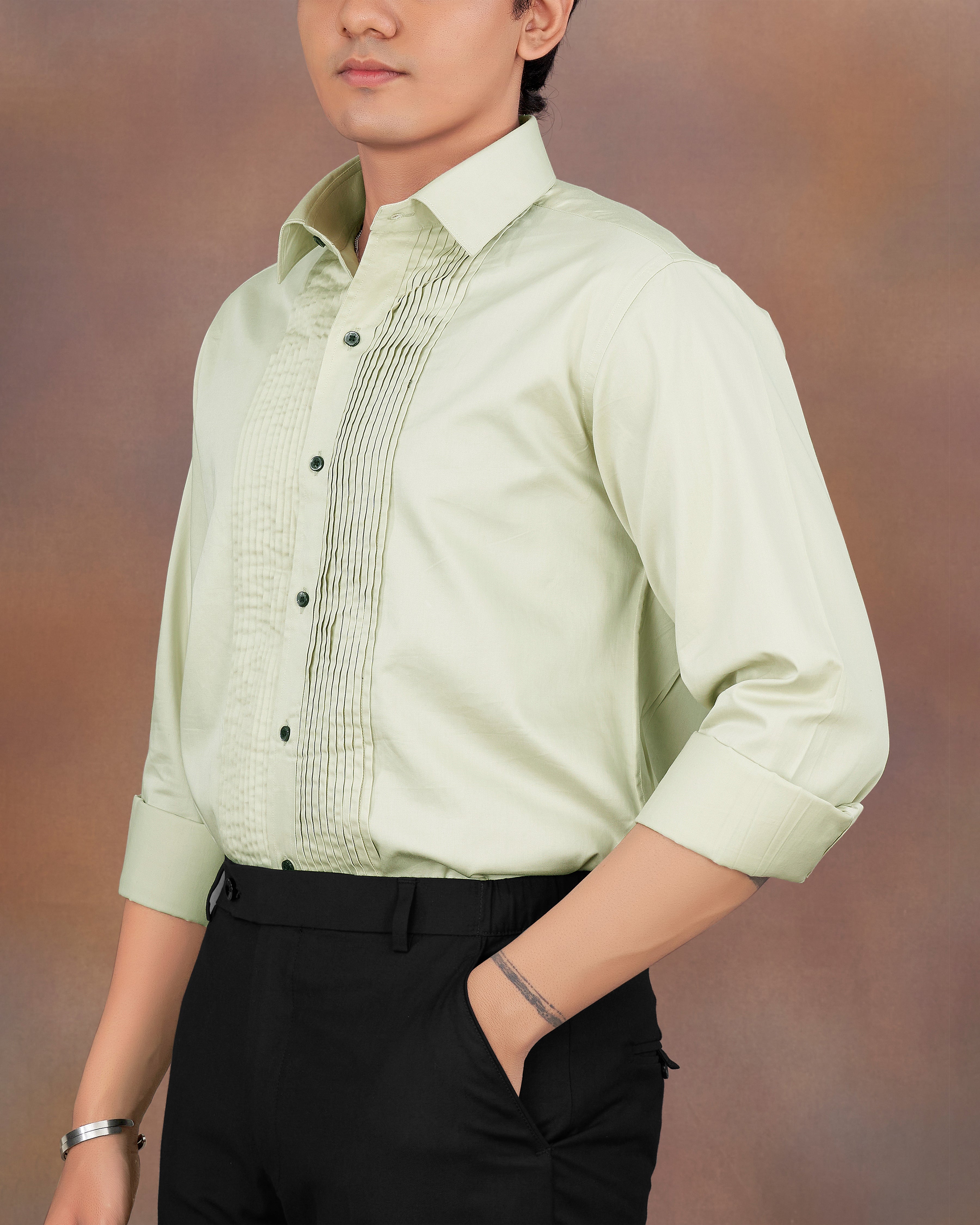 Coriander Green Subtle Sheen Snake Pleated Super Soft Premium Cotton Tuxedo Shirt
