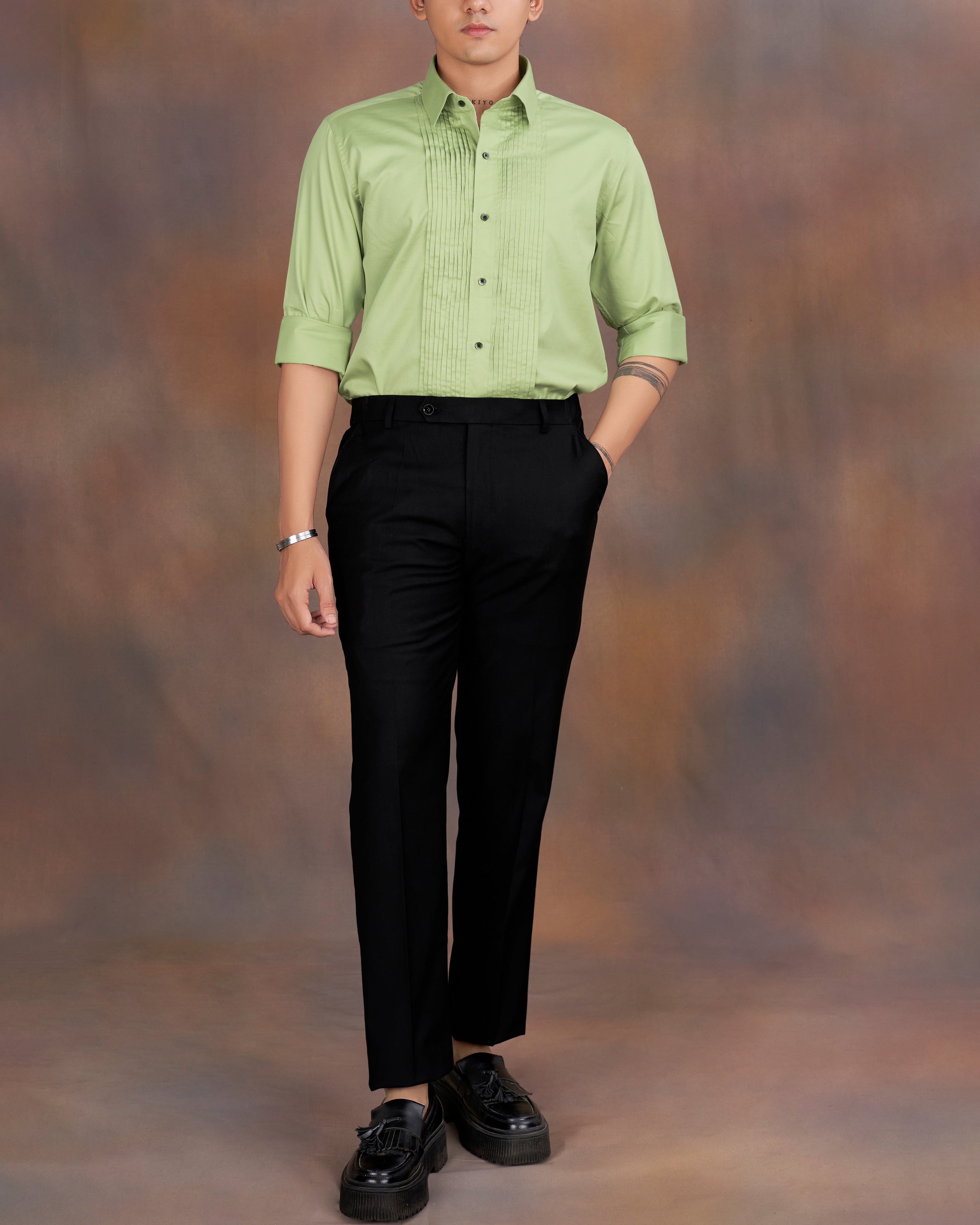 Swamp Green Subtle Sheen Snake Pleated Super Soft Premium Cotton Tuxedo Shirt