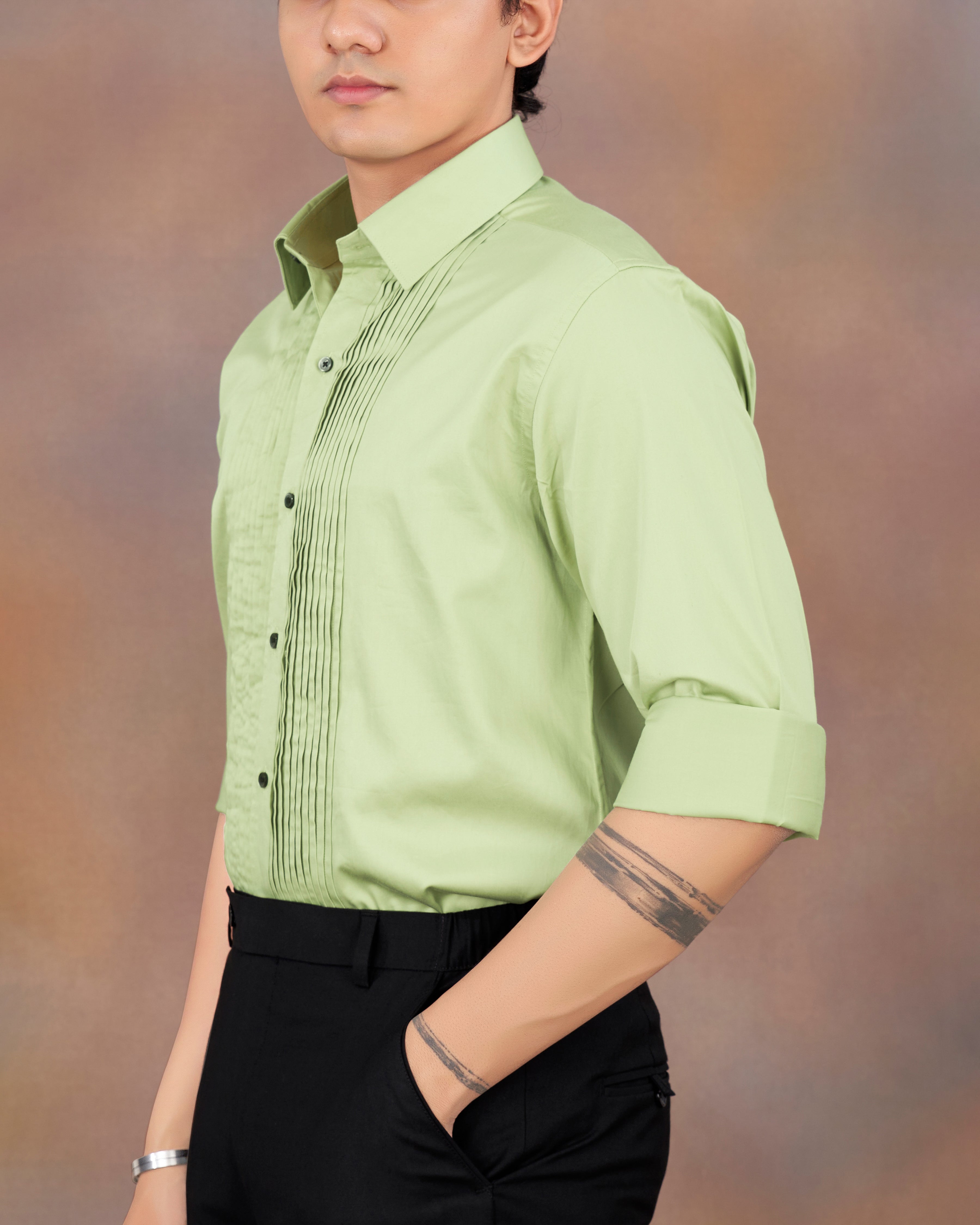 Swamp Green Subtle Sheen Snake Pleated Super Soft Premium Cotton Tuxedo Shirt