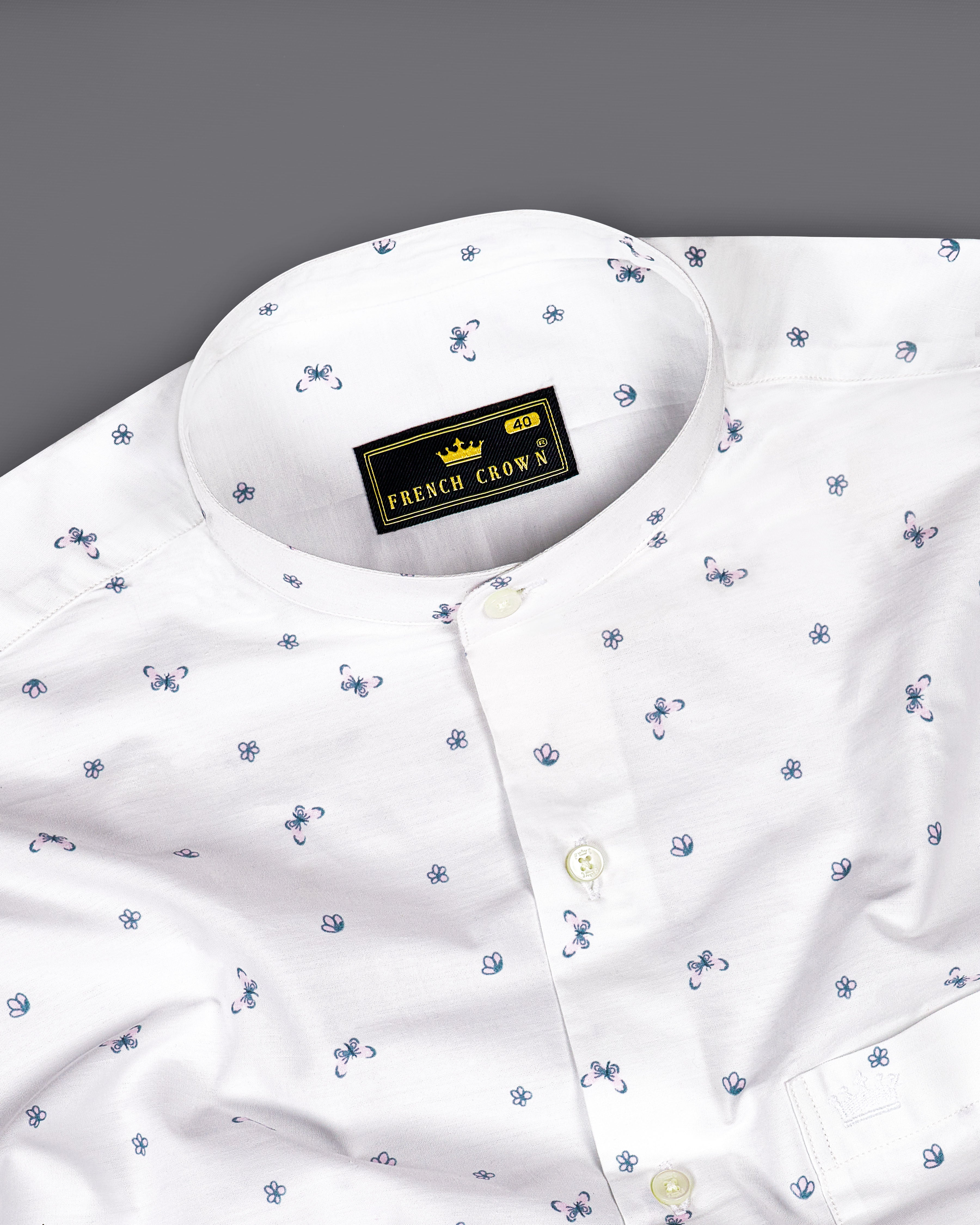 Bright White Floral Printed Premium Cotton Shirt
