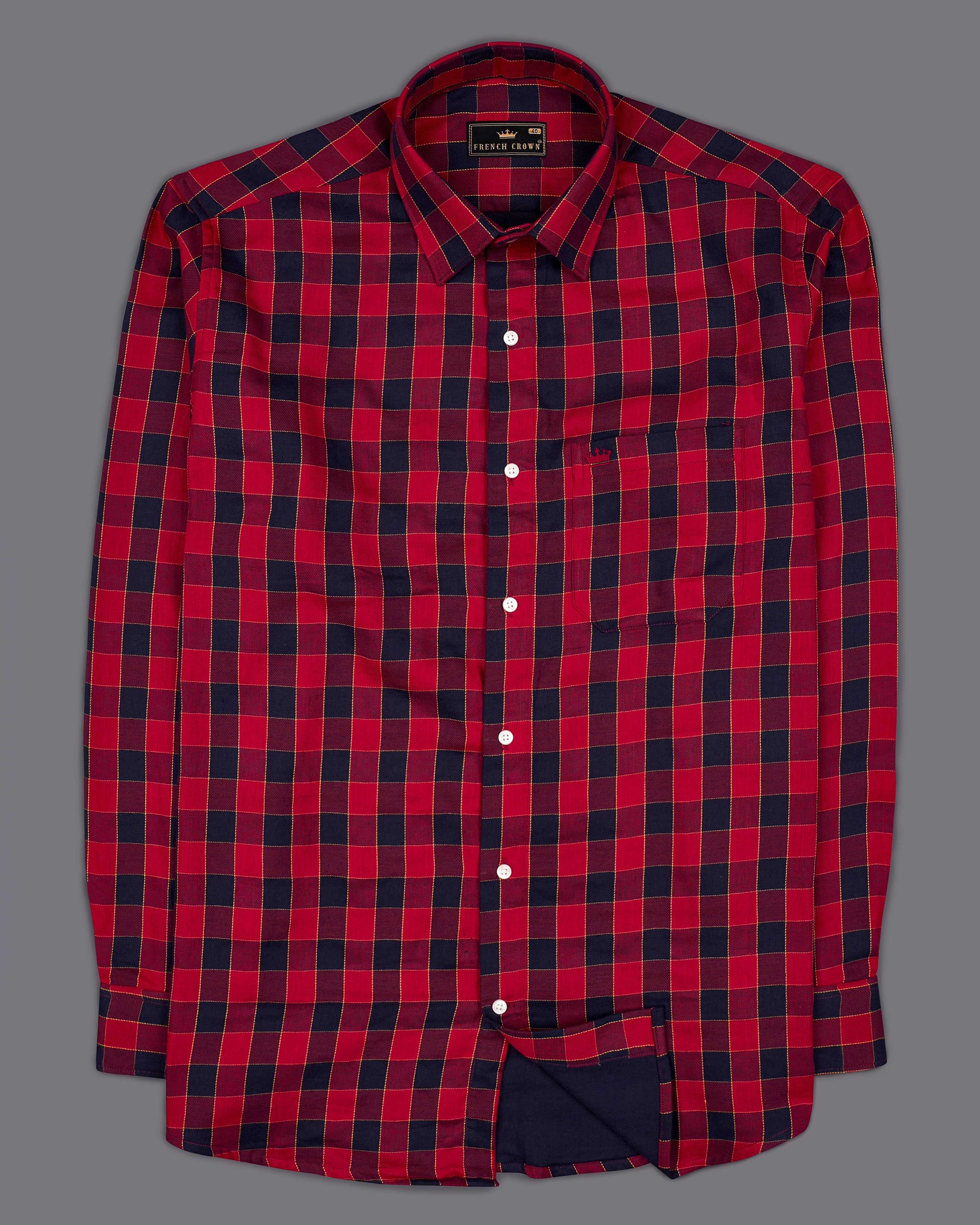 Carmine Red with Black Checked Twill Premium Cotton Shirt