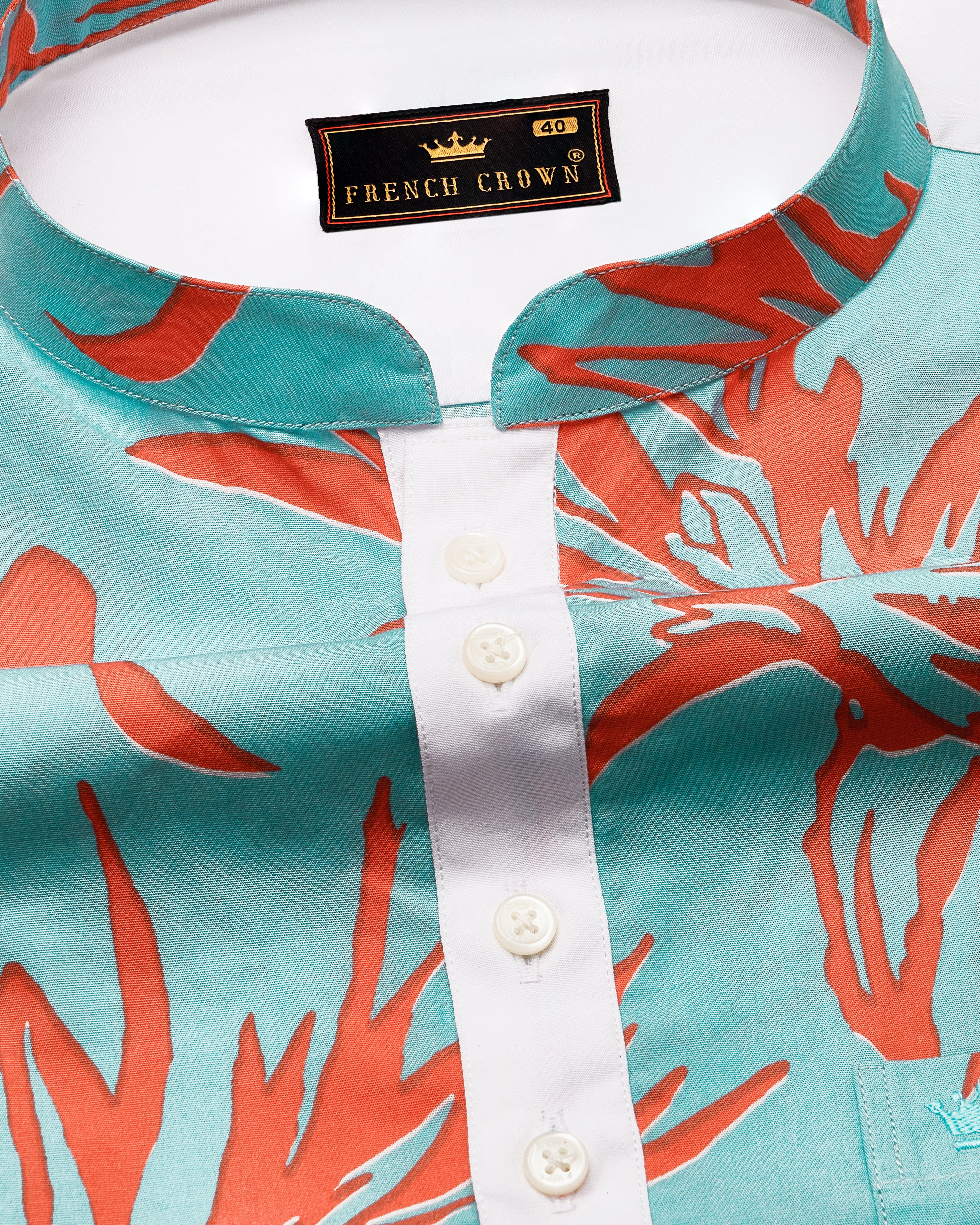 Tiffany Blue with Flamingo Red Printed Premium Cotton Mandarin Collar Designer Shirt 9094-P387-38, 9094-P387-H-38, 9094-P387-39, 9094-P387-H-39, 9094-P387-40, 9094-P387-H-40, 9094-P387-42, 9094-P387-H-42, 9094-P387-44, 9094-P387-H-44, 9094-P387-46, 9094-P387-H-46, 9094-P387-48, 9094-P387-H-48, 9094-P387-50, 9094-P387-H-50, 9094-P387-52, 9094-P387-H-52