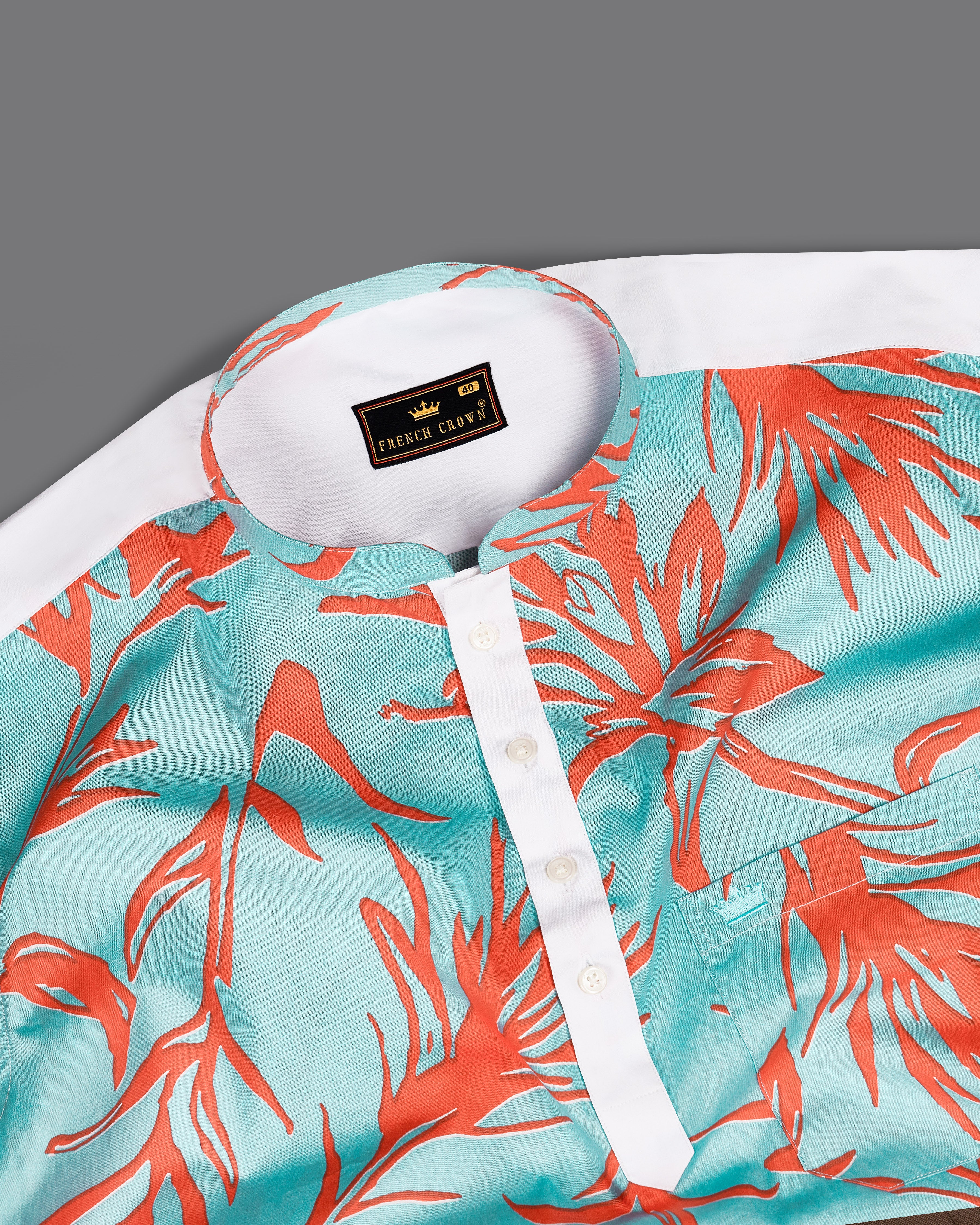 Tiffany Blue with Flamingo Red Printed Premium Cotton Mandarin Collar Designer Shirt 9094-P387-38, 9094-P387-H-38, 9094-P387-39, 9094-P387-H-39, 9094-P387-40, 9094-P387-H-40, 9094-P387-42, 9094-P387-H-42, 9094-P387-44, 9094-P387-H-44, 9094-P387-46, 9094-P387-H-46, 9094-P387-48, 9094-P387-H-48, 9094-P387-50, 9094-P387-H-50, 9094-P387-52, 9094-P387-H-52