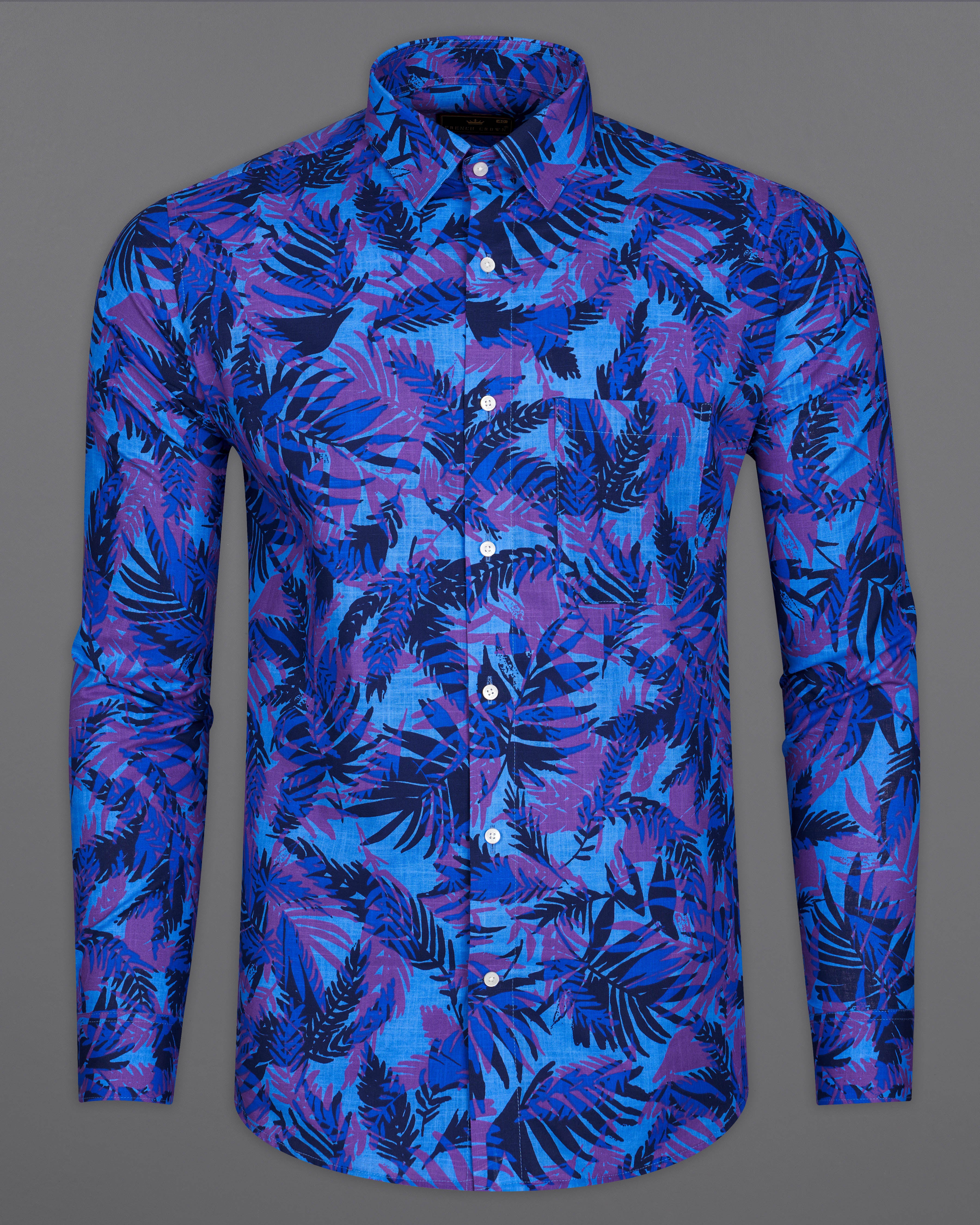 Crystal Blue with Fuchsia Purple Leaves Printed Premium Cotton Shirt 9408-38, 9408-H-38, 9408-39, 9408-H-39, 9408-40, 9408-H-40, 9408-42, 9408-H-42, 9408-44, 9408-H-44, 9408-46, 9408-H-46, 9408-48, 9408-H-48, 9408-50, 9408-H-50, 9408-52, 9408-H-52