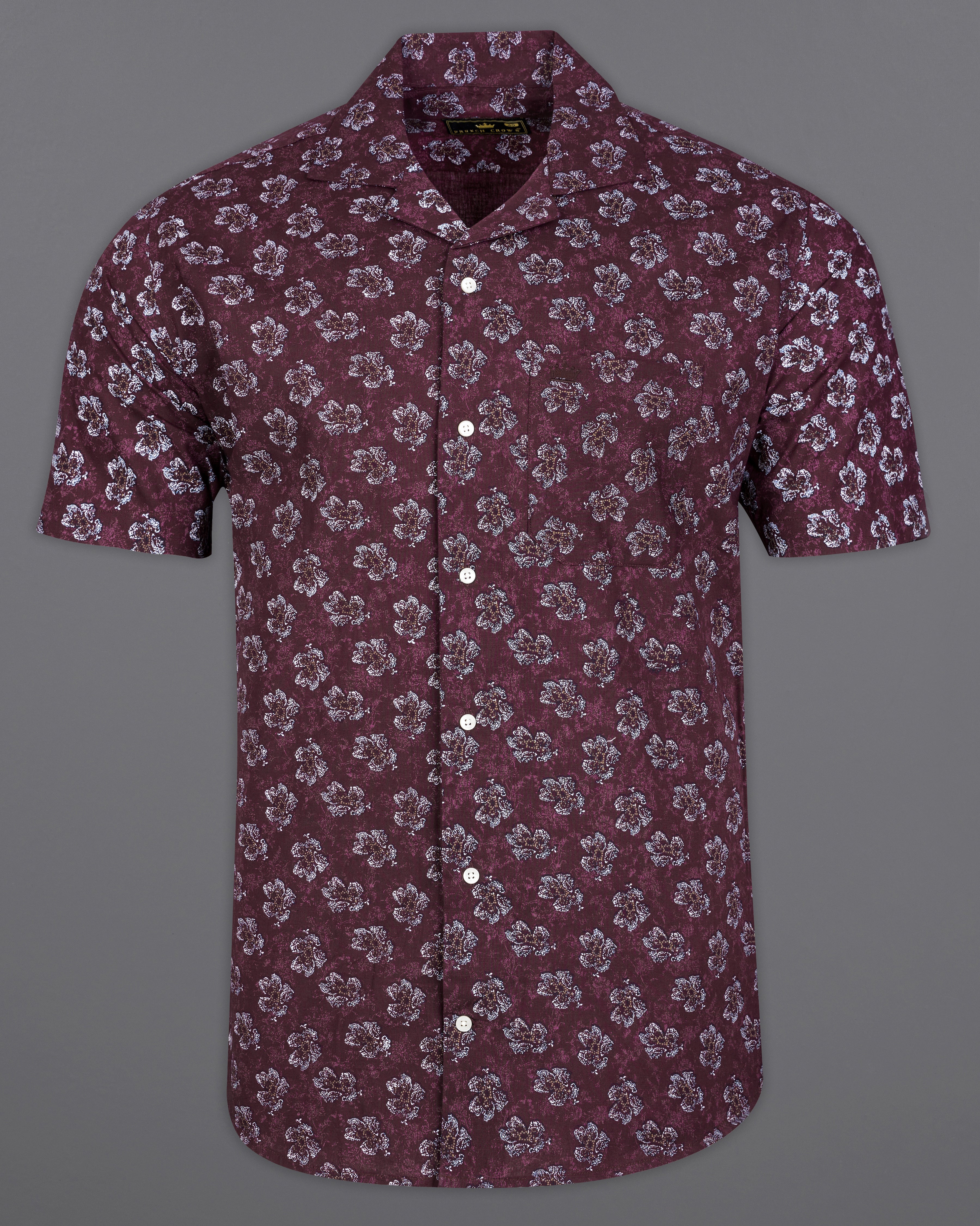 Barossa Maroon Floral Textured Luxurious Half Sleeves Linen Shirt         9437-CC-SS-H-38, 9437-CC-SS-H-39, 9437-CC-SS-H-40, 9437-CC-SS-H-42, 9437-CC-SS-H-44, 9437-CC-SS-H-46, 9437-CC-SS-H-48, 9437-CC-SS-H-50,  9437-CC-SS-H-52