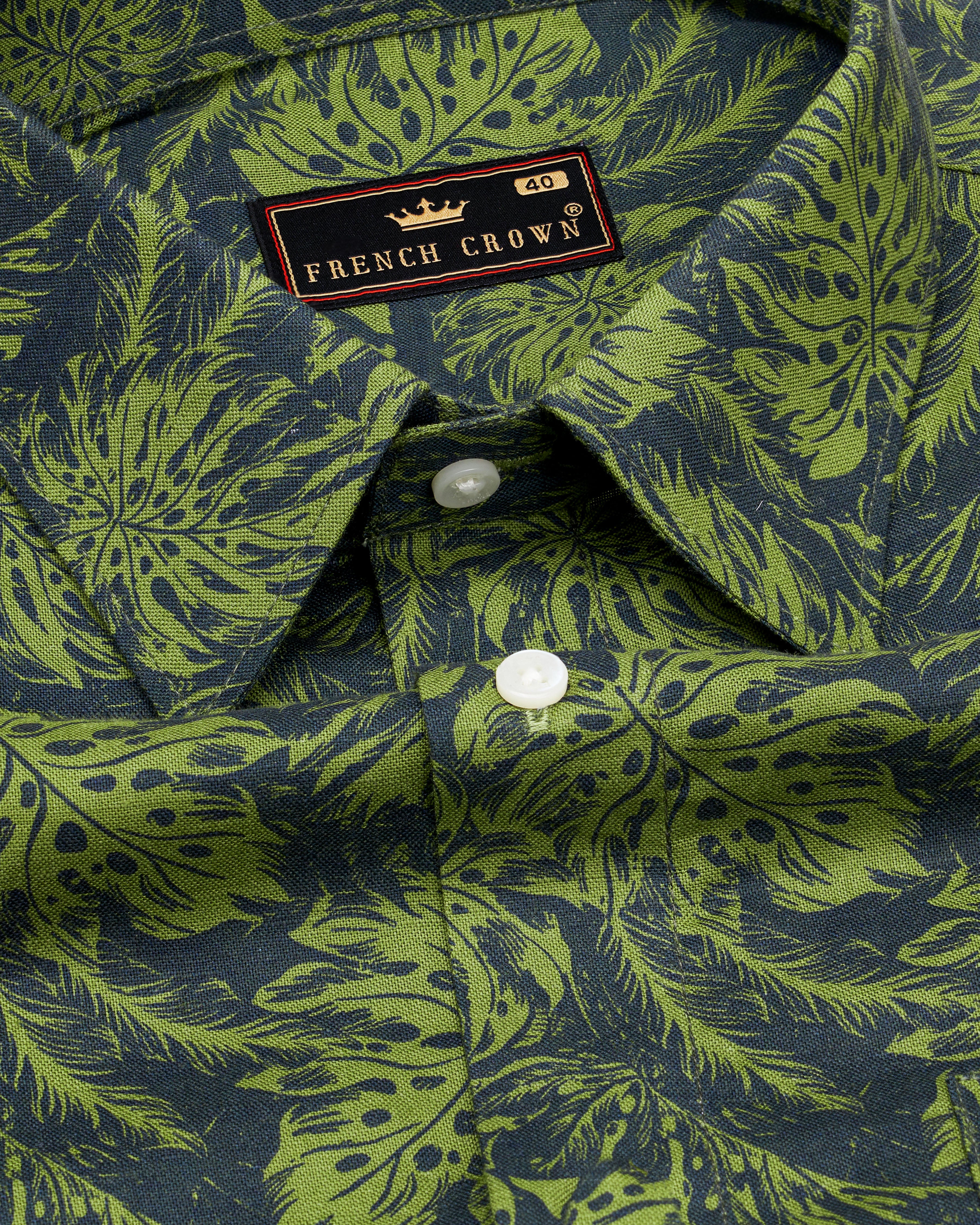 Asparagus Green with Black Floral Textured Luxurious Linen Shirt 9439-38, 9439-H-38, 9439-39, 9439-H-39, 9439-40, 9439-H-40, 9439-42, 9439-H-42, 9439-44, 9439-H-44, 9439-46, 9439-H-46, 9439-48, 9439-H-48, 9439-50, 9439-H-50, 9439-52, 9439-H-52