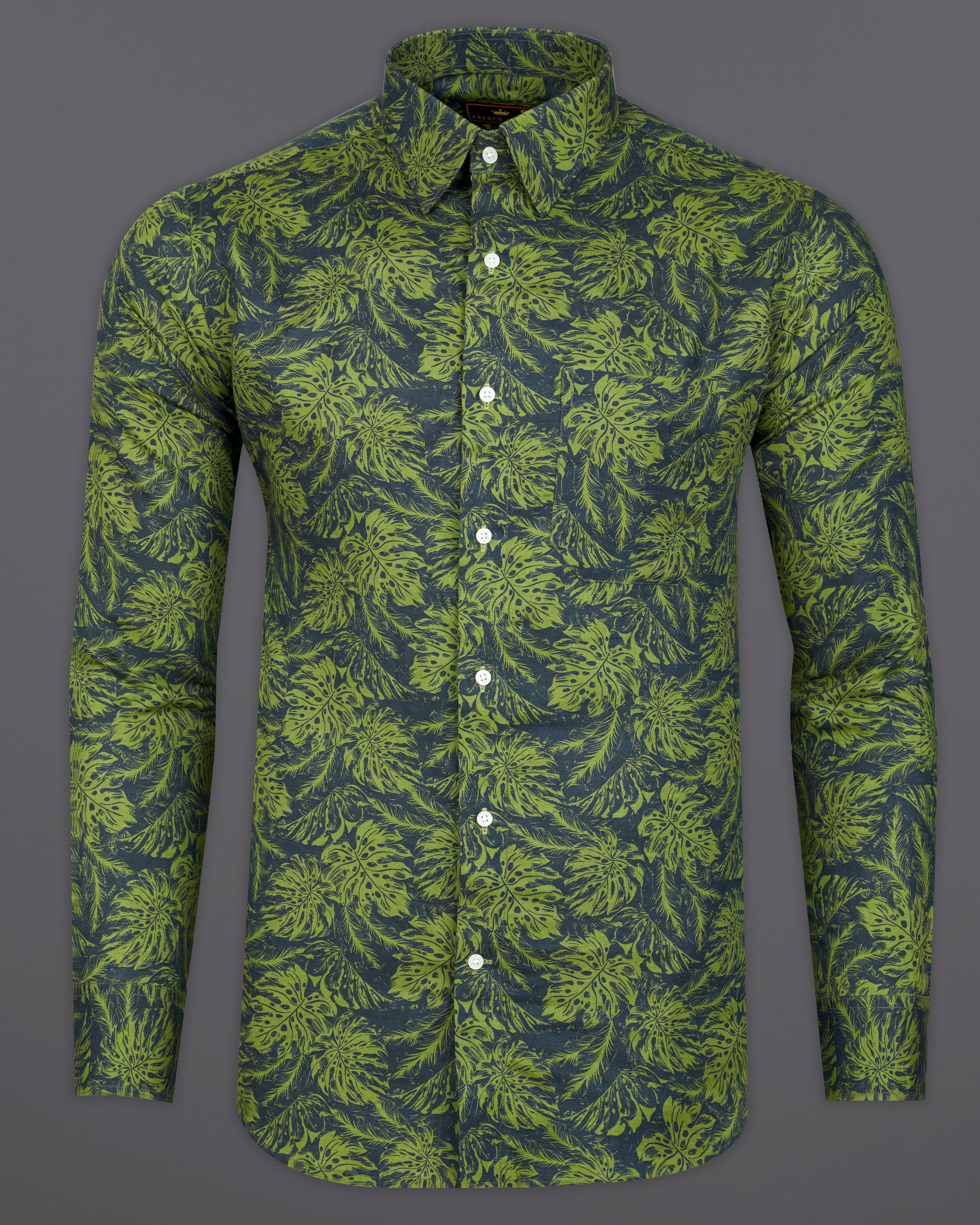 Asparagus Green with Black Floral Textured Luxurious Linen Shirt 9439-38, 9439-H-38, 9439-39, 9439-H-39, 9439-40, 9439-H-40, 9439-42, 9439-H-42, 9439-44, 9439-H-44, 9439-46, 9439-H-46, 9439-48, 9439-H-48, 9439-50, 9439-H-50, 9439-52, 9439-H-52