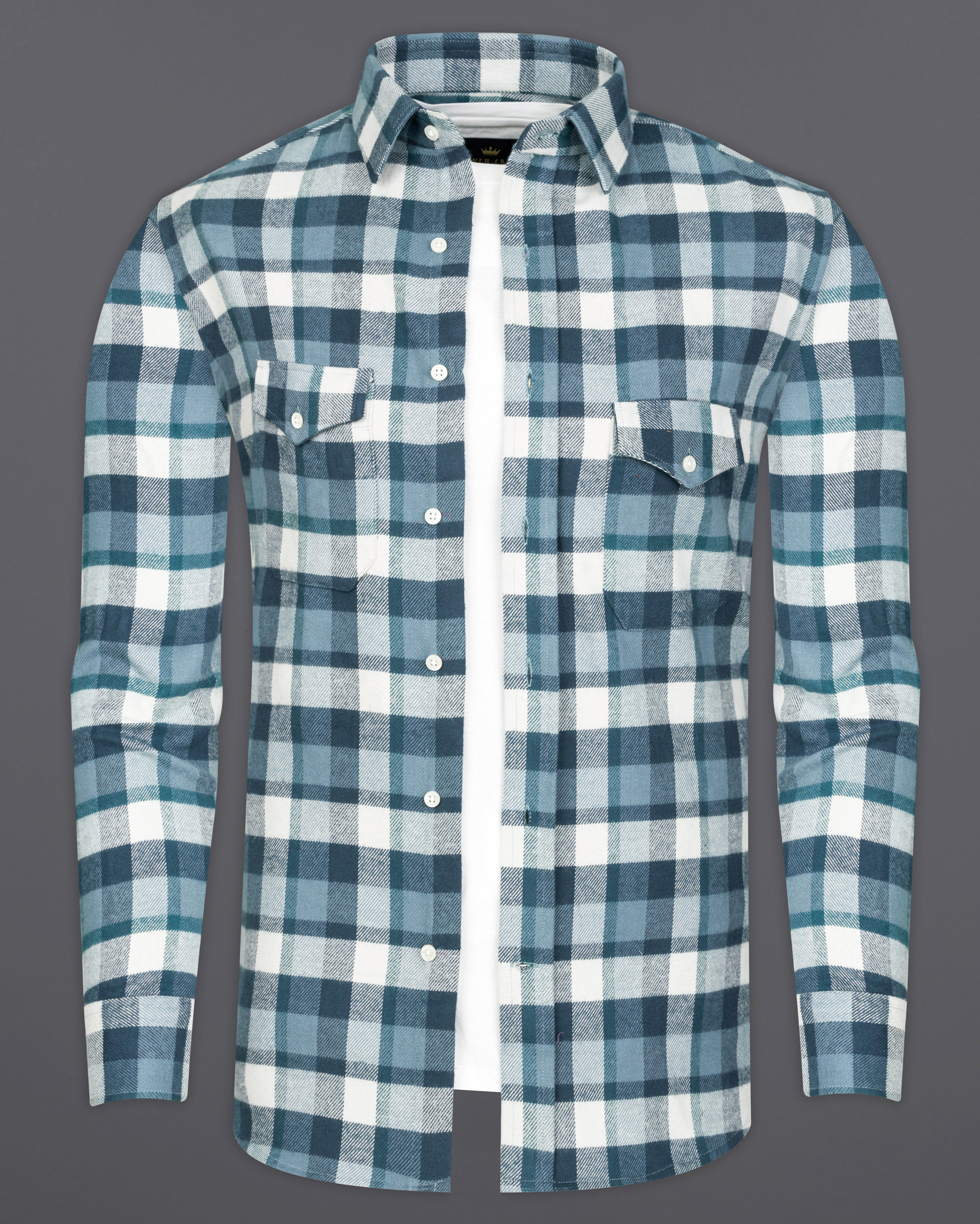 Glacier Blue with White Plaid Flannel Overshirt With Brown Elbow Patch Work 9459-OS-FP-P131-38, 9459-OS-FP-P131-H-38, 9459-OS-FP-P131-39, 9459-OS-FP-P131-H-39, 9459-OS-FP-P131-40, 9459-OS-FP-P131-H-40, 9459-OS-FP-P131-42, 9459-OS-FP-P131-H-42, 9459-OS-FP-P131-44, 9459-OS-FP-P131-H-44, 9459-OS-FP-P131-46, 9459-OS-FP-P131-H-46, 9459-OS-FP-P131-48, 9459-OS-FP-P131-H-48, 9459-OS-FP-P131-50, 9459-OS-FP-P131-H-50, 9459-OS-FP-P131-52, 9459-OS-FP-P131-H-52