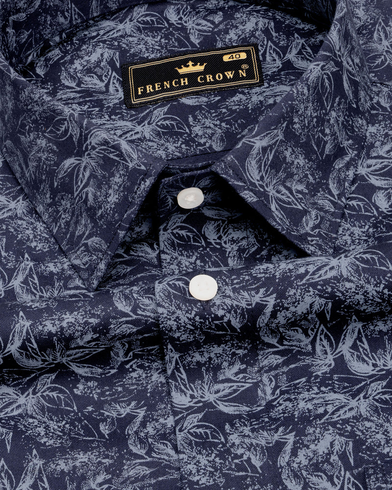 Martinique Blue with Amethyst Smoke Gray Floral Printed Twill Premium Cotton Shirt