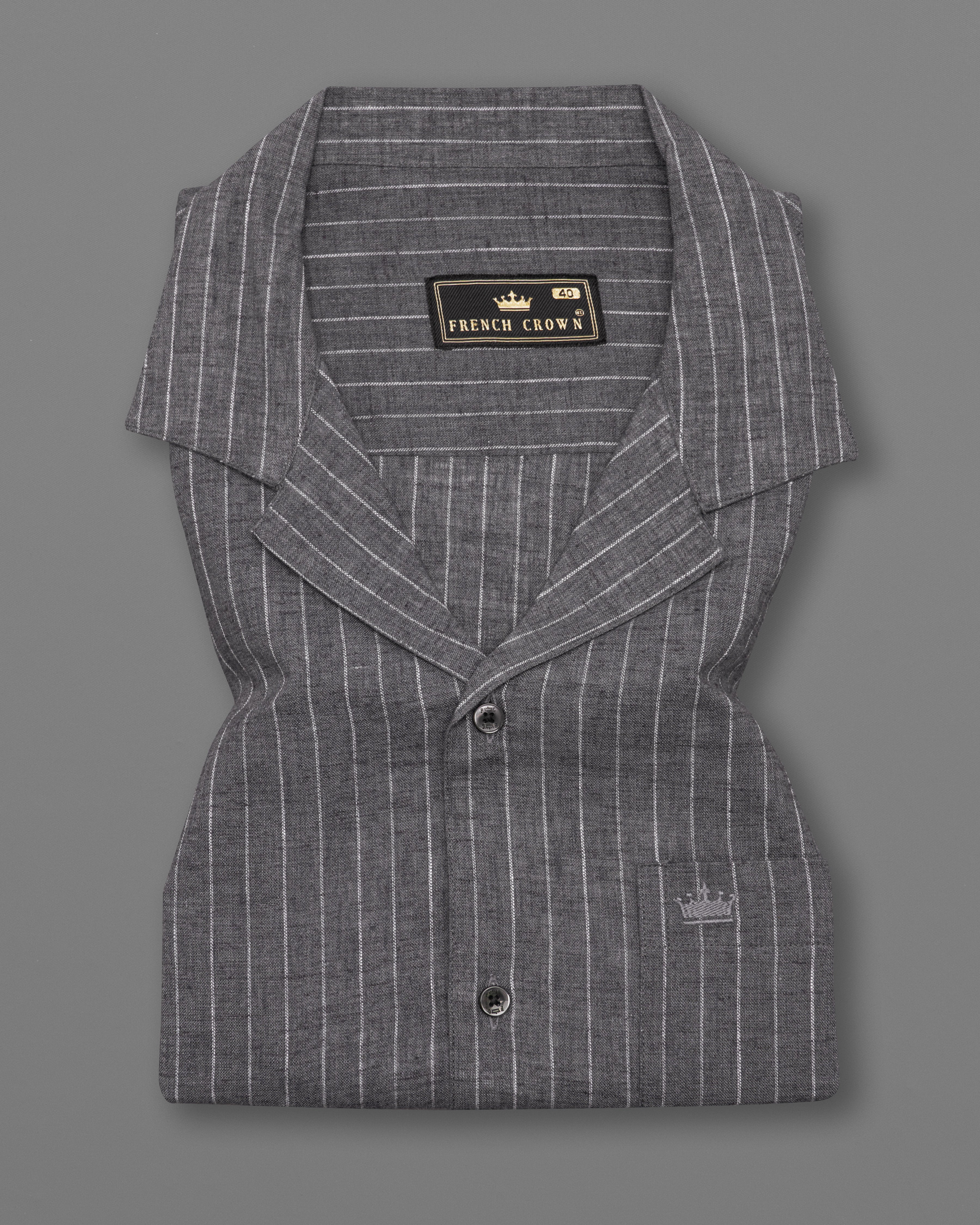 Vampire Gray with White Striped Luxurious Linen Half Sleeved Shirt 9696-CC-BLK-SS-38, 9696-CC-BLK-SS-39, 9696-CC-BLK-SS-40, 9696-CC-BLK-SS-42, 9696-CC-BLK-SS-44, 9696-CC-BLK-SS-46, 9696-CC-BLK-SS-48, 9696-CC-BLK-SS-50, 9696-CC-BLK-SS-52