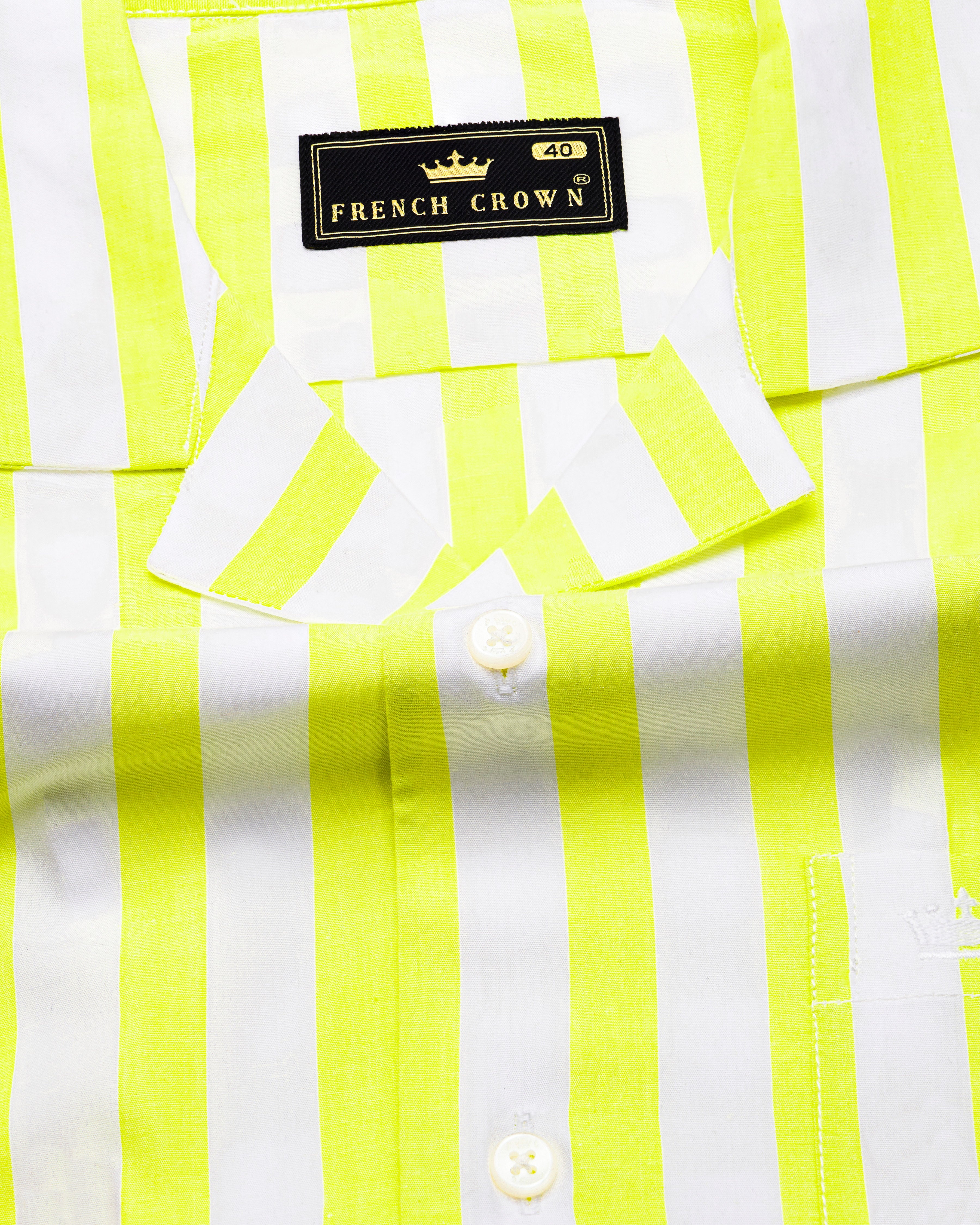 Custard Neon Yellow with White Striped Half-Sleeved Premium Cotton Shirt 9717-CC-SS-38, 9717-CC-SS-39, 9717-CC-SS-40, 9717-CC-SS-42, 9717-CC-SS-44, 9717-CC-SS-46, 9717-CC-SS-48, 9717-CC-SS-50, 9717-CC-SS-52