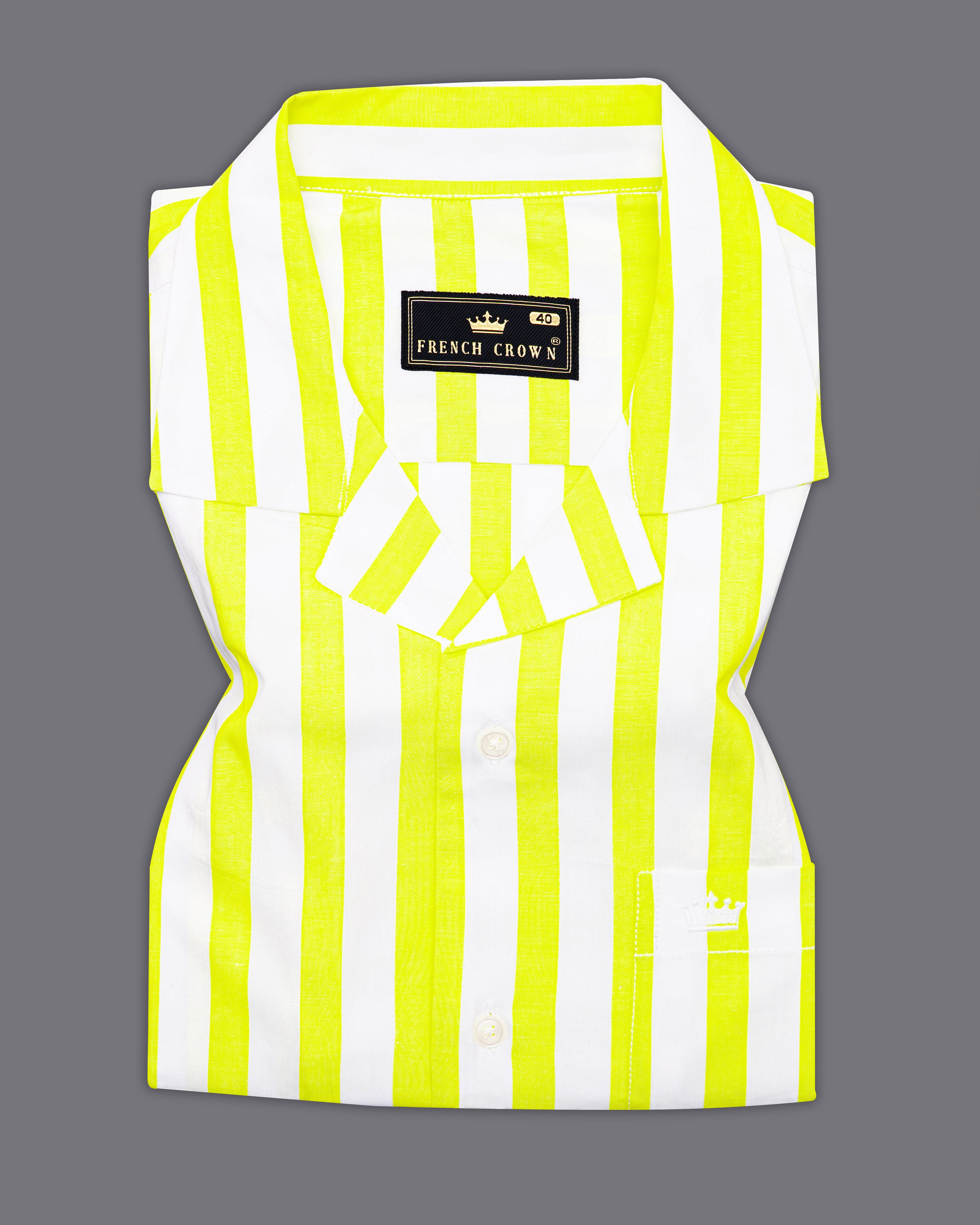 Custard Neon Yellow with White Striped Half-Sleeved Premium Cotton Shirt 9717-CC-SS-38, 9717-CC-SS-39, 9717-CC-SS-40, 9717-CC-SS-42, 9717-CC-SS-44, 9717-CC-SS-46, 9717-CC-SS-48, 9717-CC-SS-50, 9717-CC-SS-52