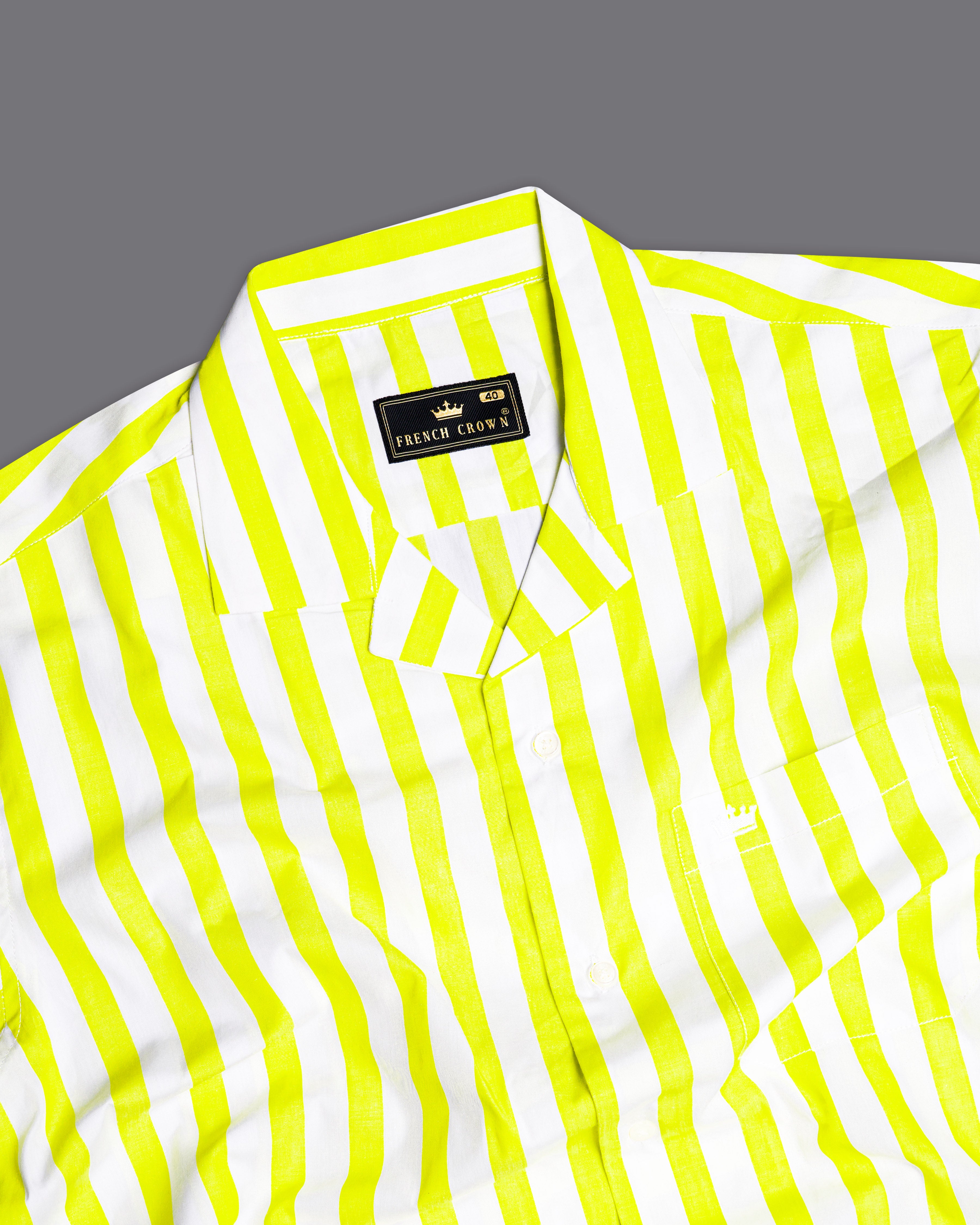 Custard Neon Yellow with White Striped Half-Sleeved Premium Cotton Shirt 9717-CC-SS-38, 9717-CC-SS-39, 9717-CC-SS-40, 9717-CC-SS-42, 9717-CC-SS-44, 9717-CC-SS-46, 9717-CC-SS-48, 9717-CC-SS-50, 9717-CC-SS-52